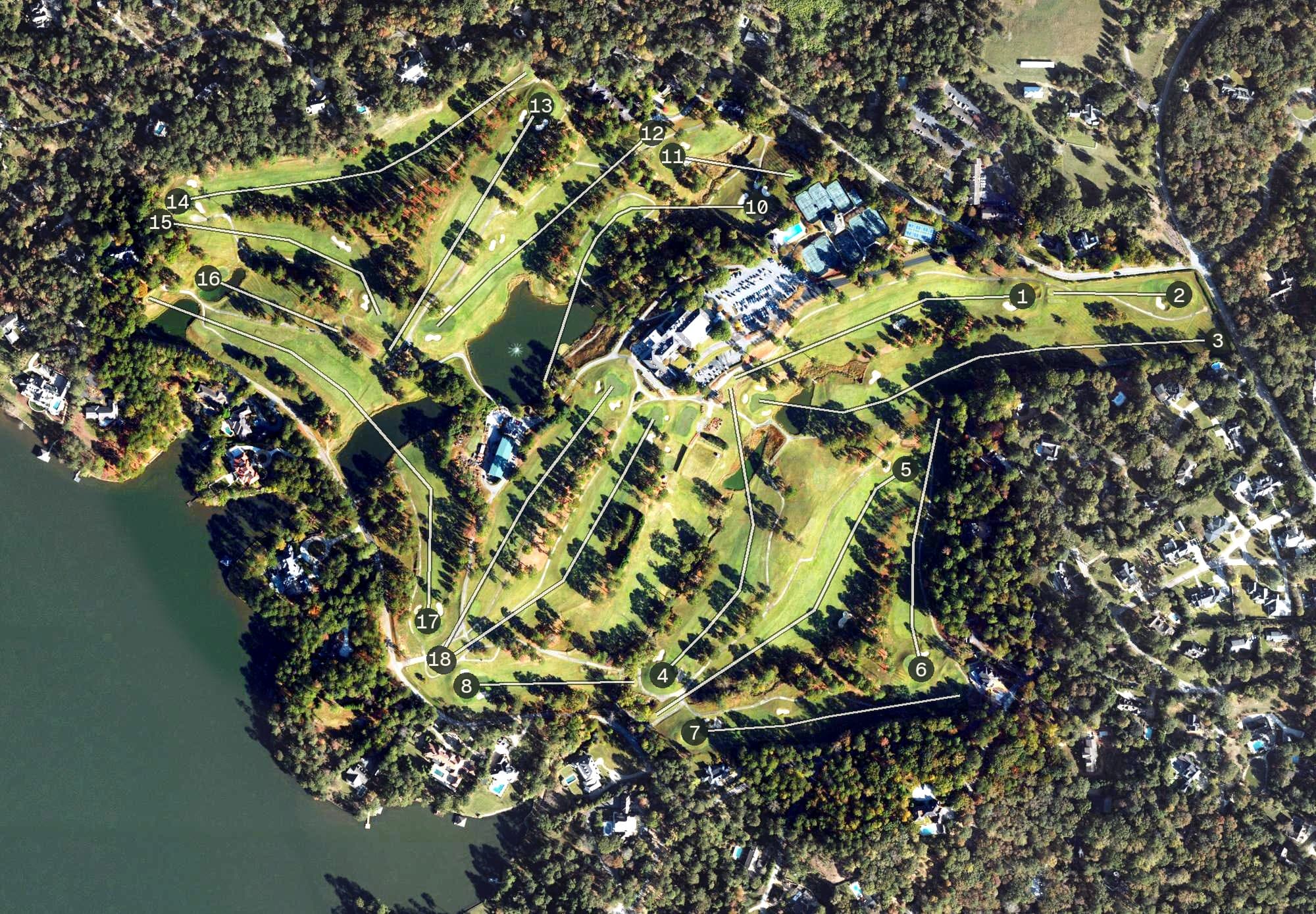 Aerial view of Green Island Hills Golf Course, GA, with its hole routing marked