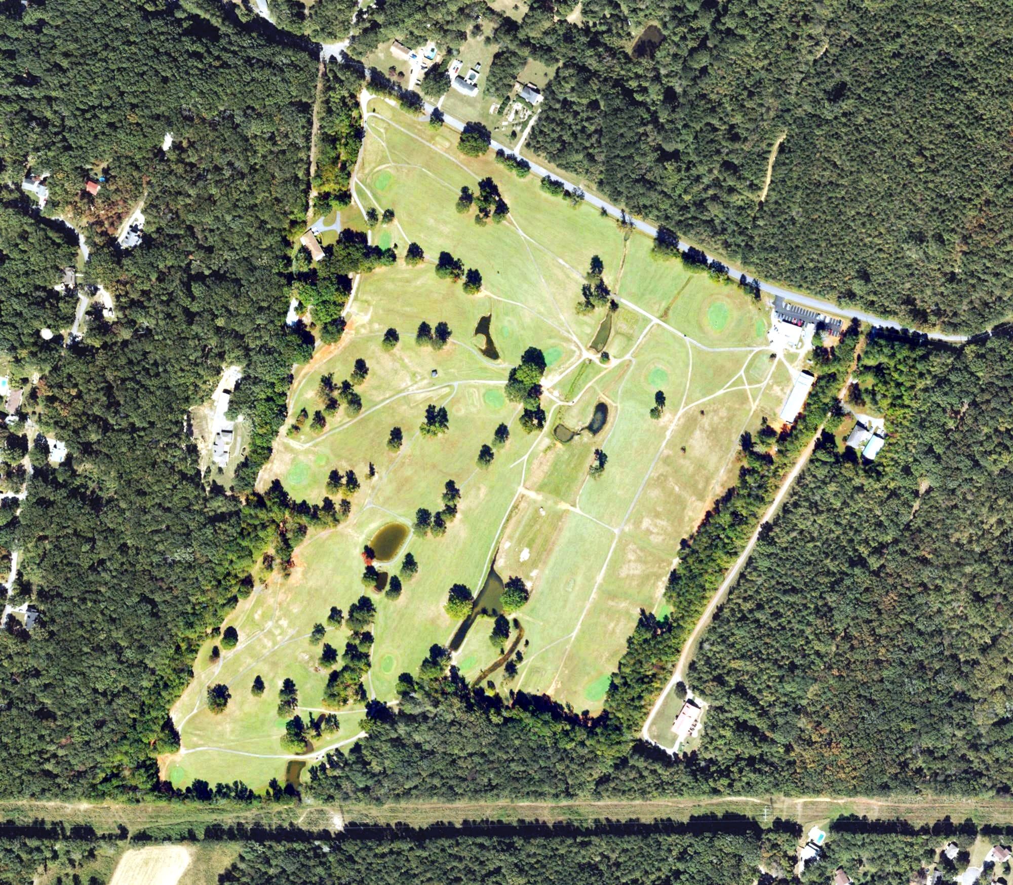 Aerial view of Green Valley Greens Golf Course, GA, with its hole routing marked