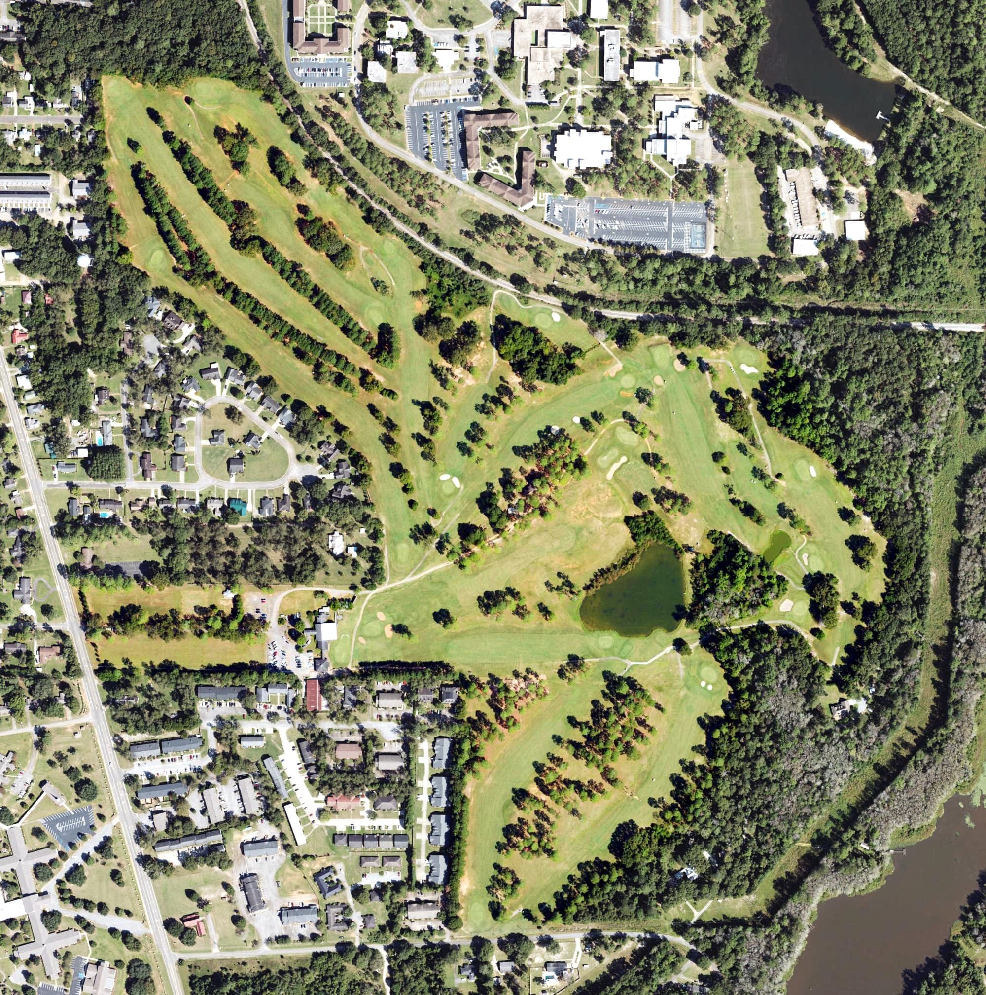 Aerial view of Griffin Bell Golf Course, GA, with its hole routing marked