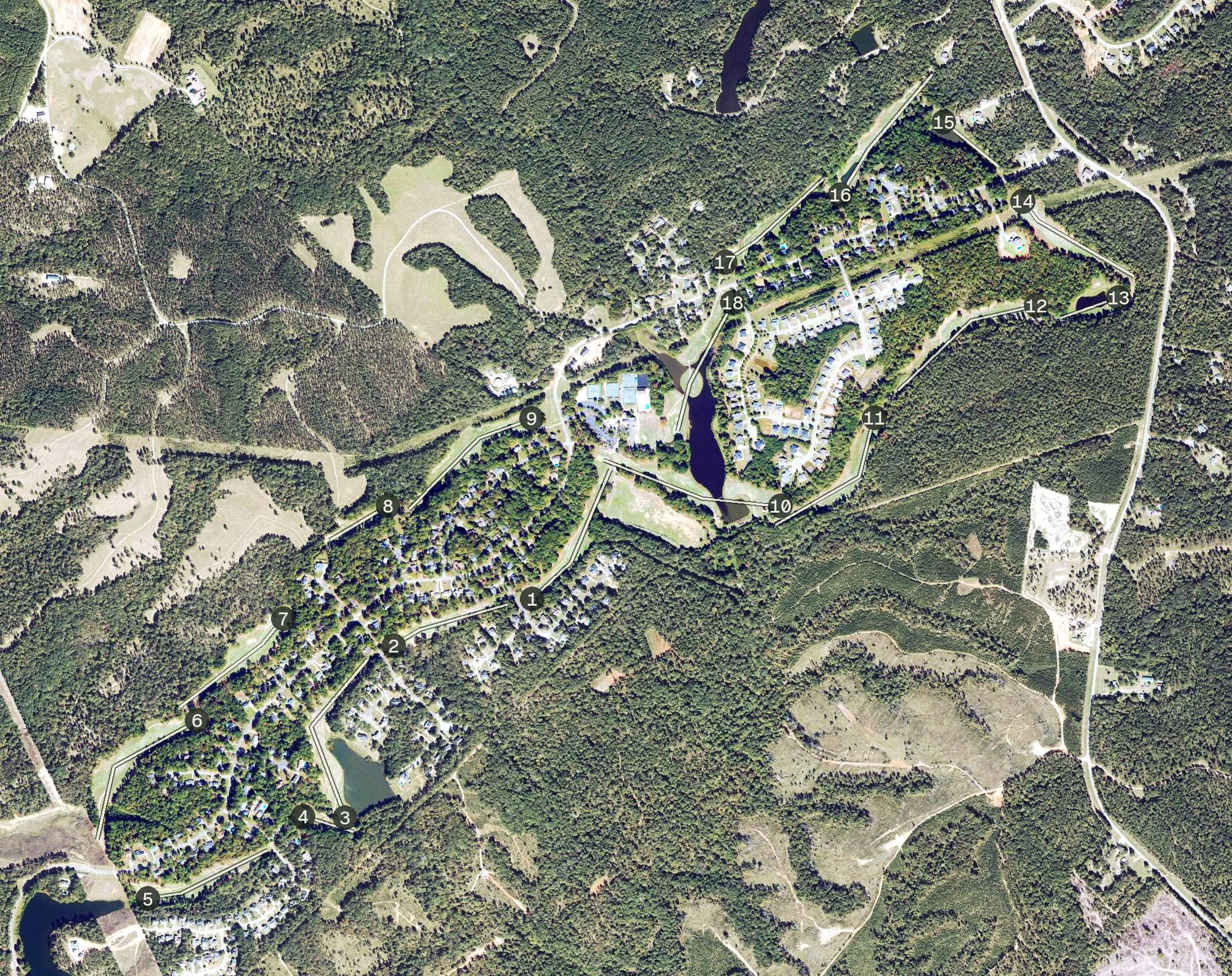 Aerial view of Healy Point Country Club, GA, with its hole routing marked
