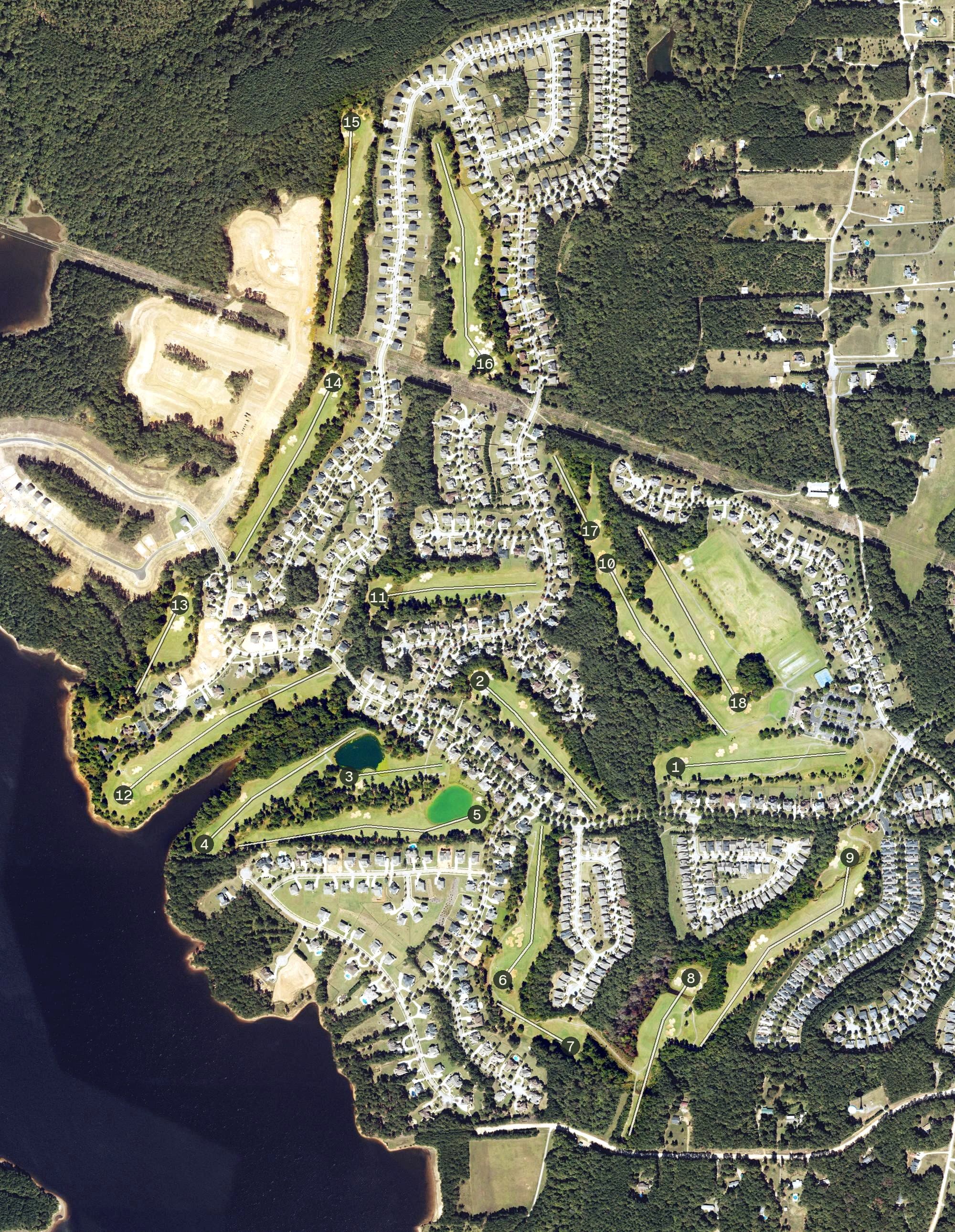 Aerial view of Heron Bay Golf & Country Club, GA, with its hole routing marked