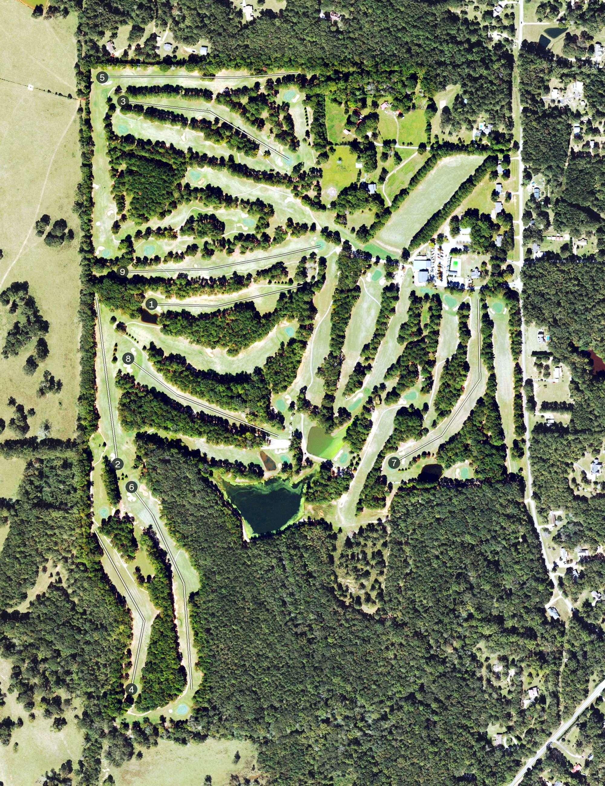 Aerial view of Hickory Hill Golf Course, GA, with its hole routing marked