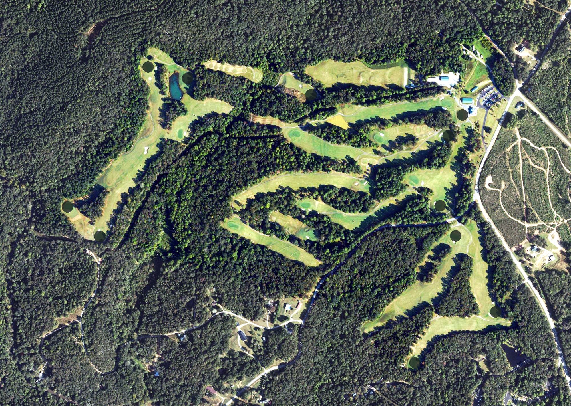Aerial view of Highland Walk Golf Course at Victoria Bryant State Park, GA, with its hole routing marked