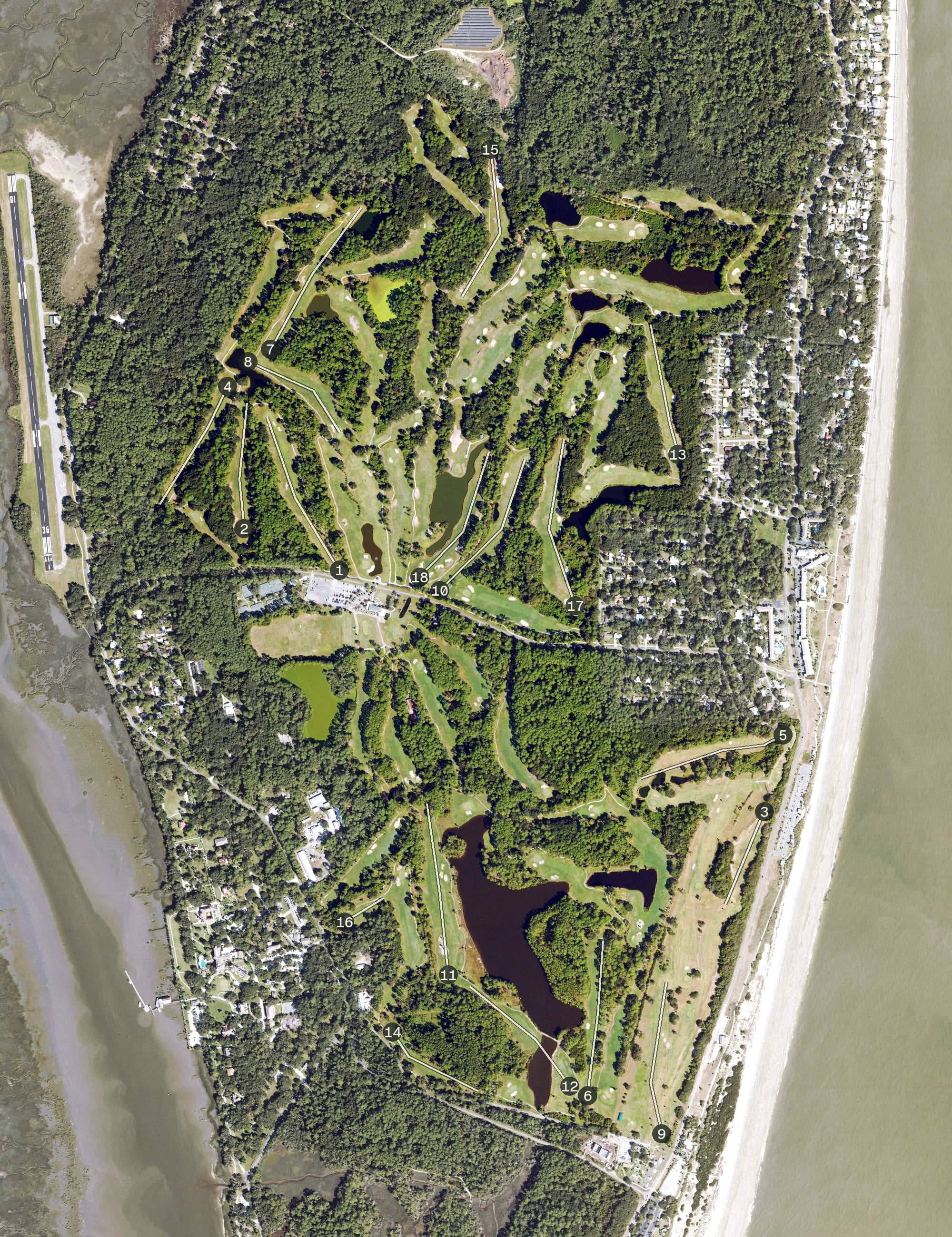 Aerial view of Jekyll Island Golf Club, GA, with its hole routing marked