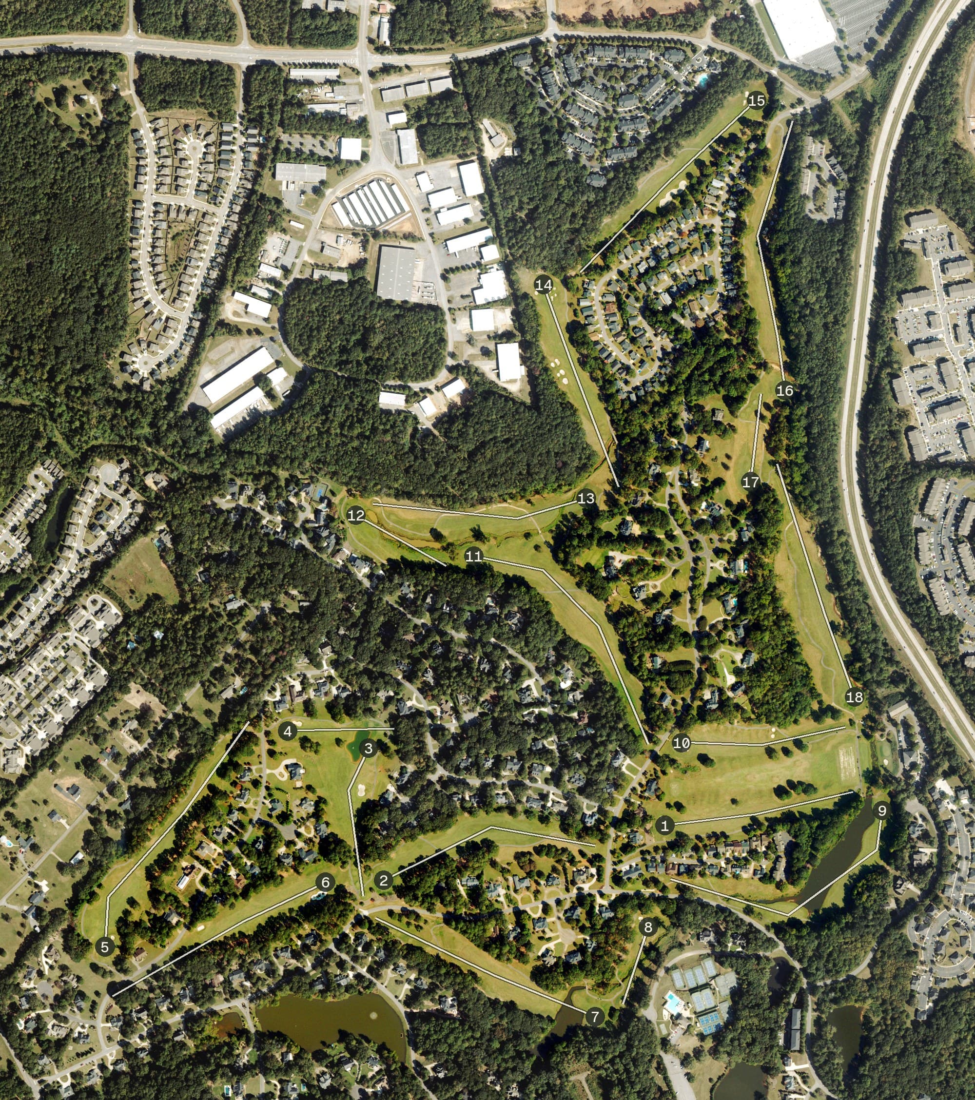 Aerial view of Jennings Mill, GA, with its hole routing marked