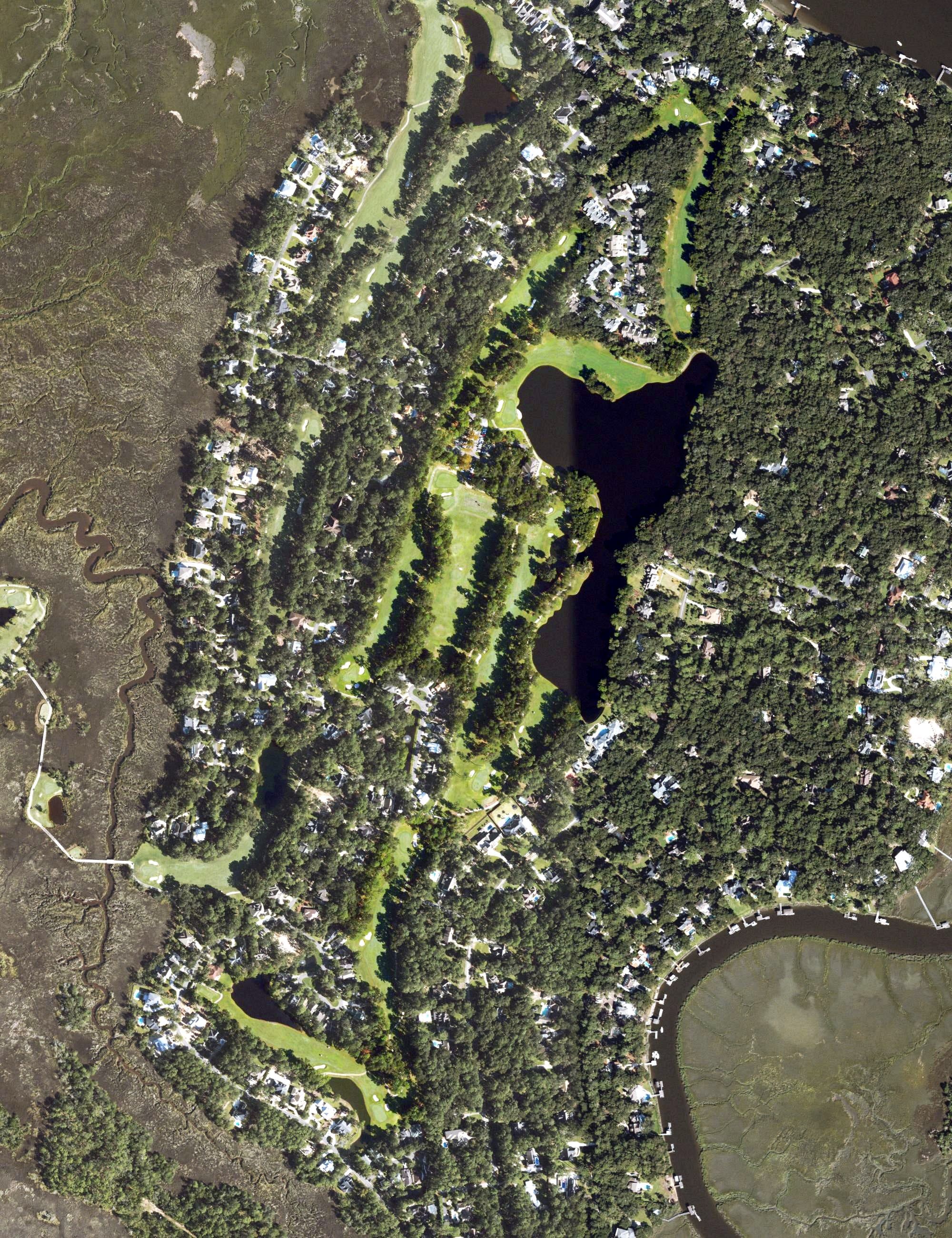 Aerial view of King and Prince Golf Course, GA, with its hole routing marked