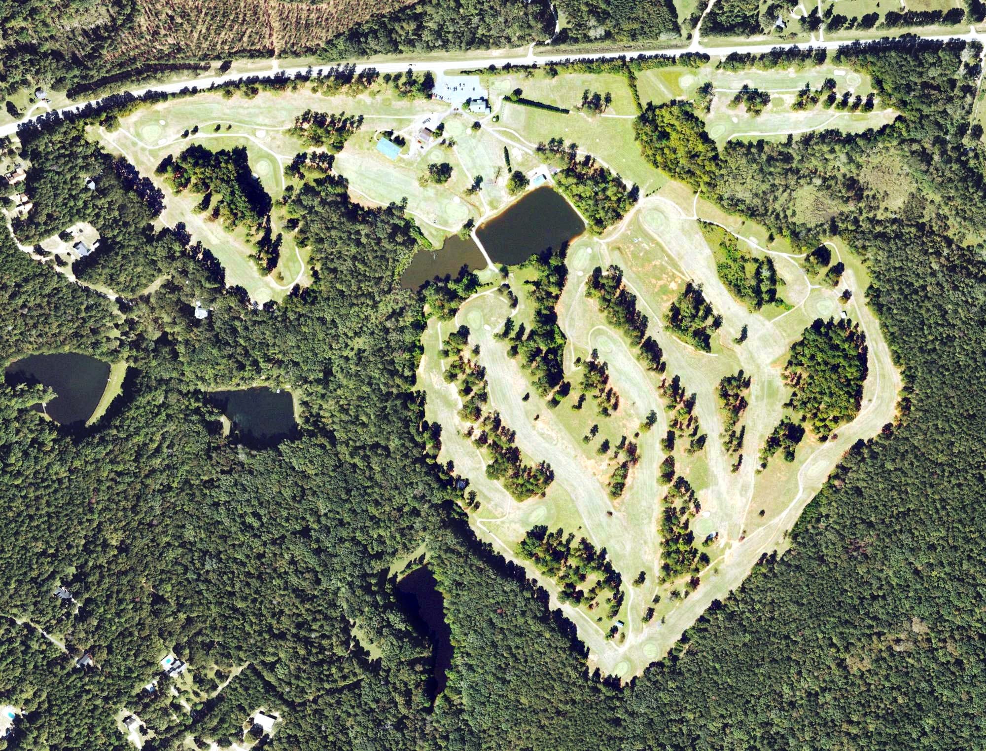 Aerial view of Lake Jonesco Golf Course, GA, with its hole routing marked
