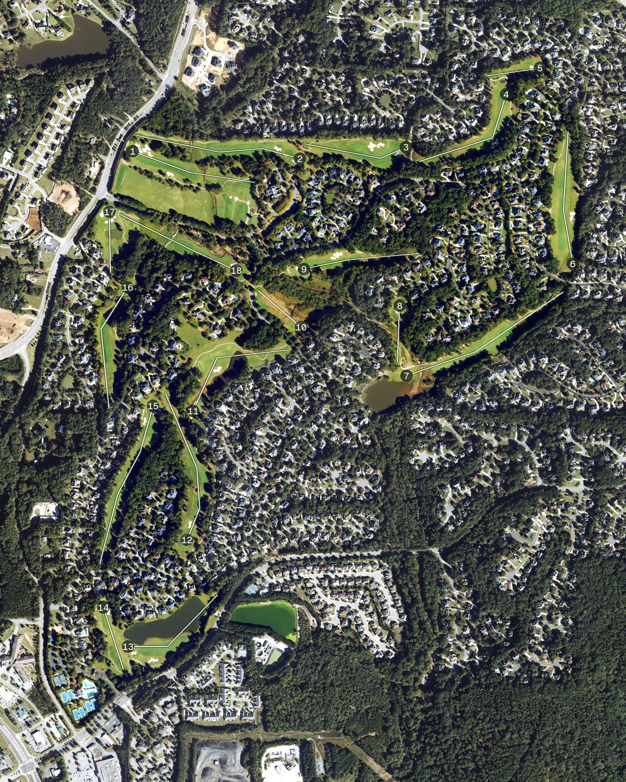 Aerial view of Laurel Springs Golf Club, GA, with its hole routing marked