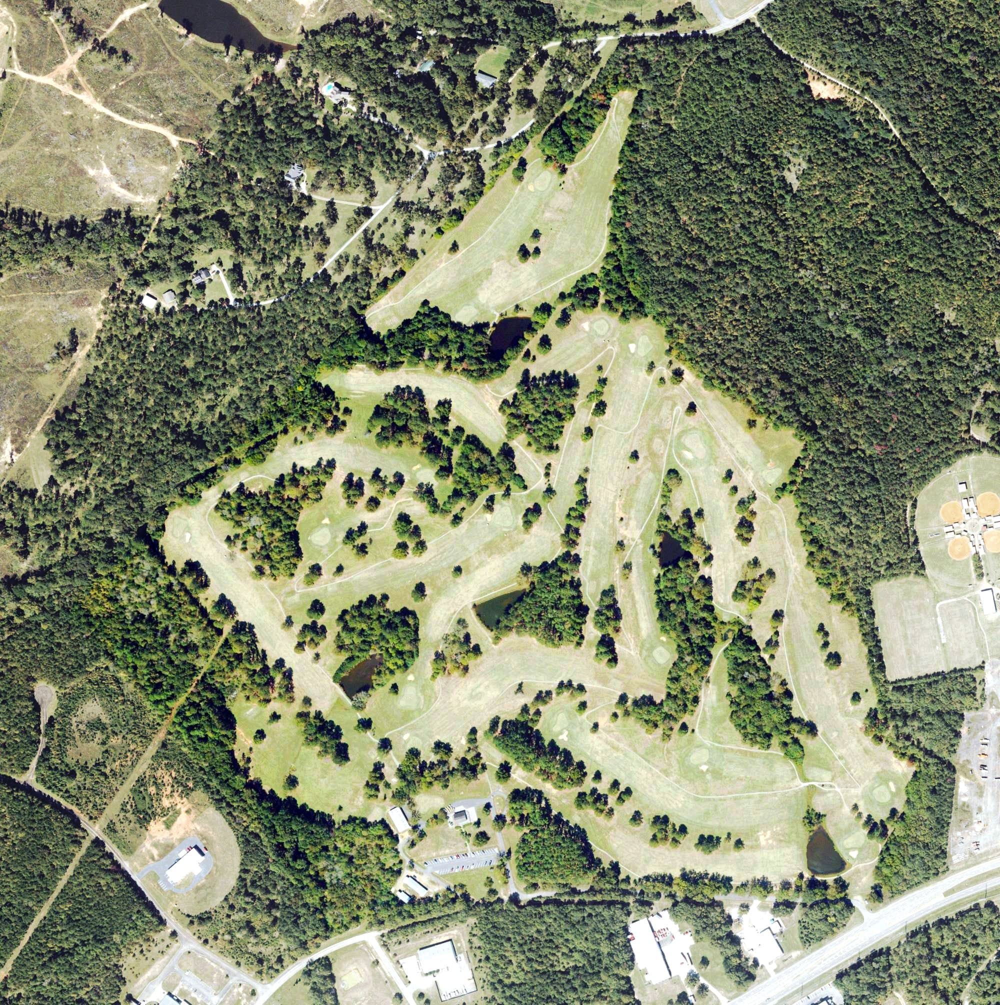Aerial view of Little Fishing Creek Golf Course, GA, with its hole routing marked