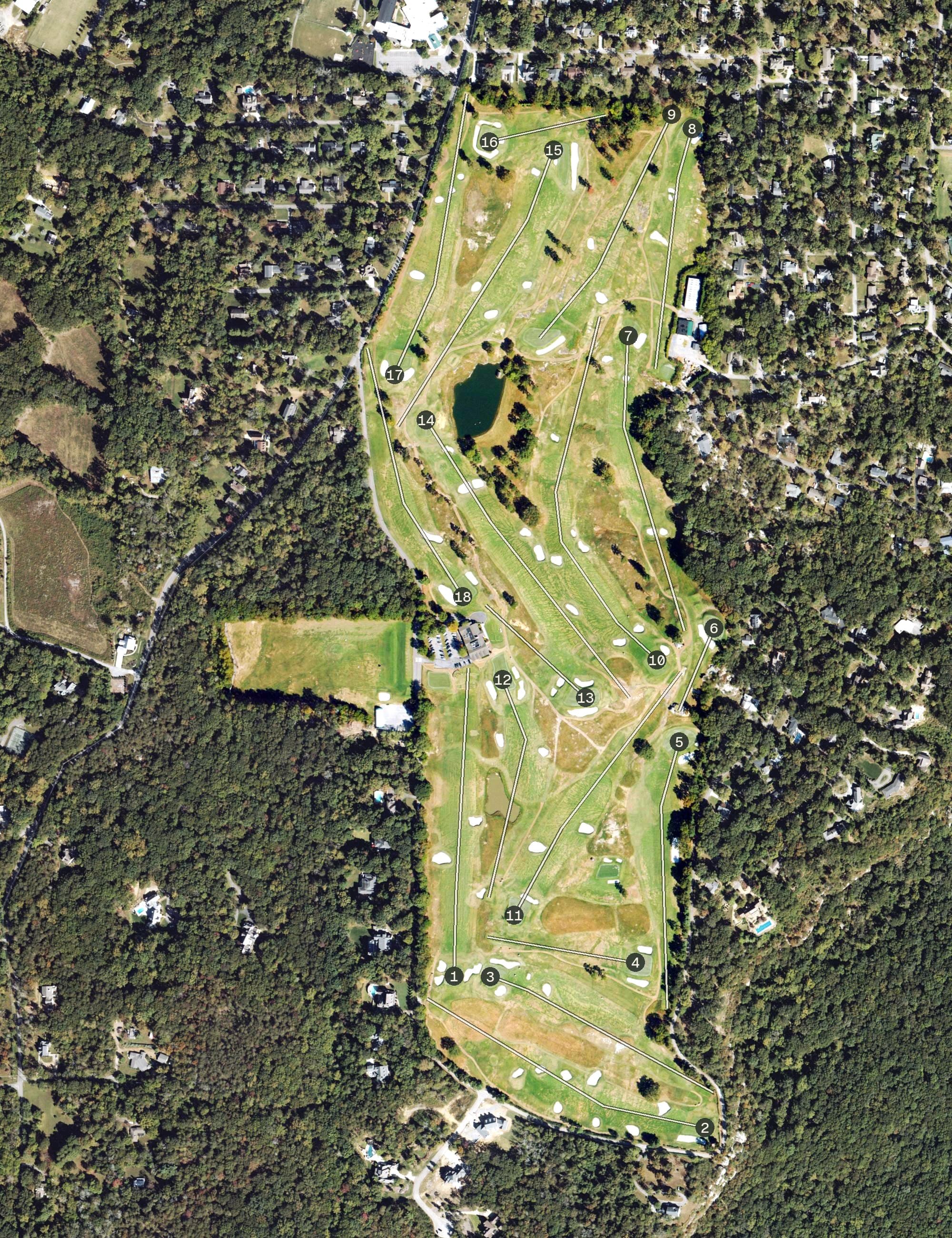 Aerial view of Lookout Mountain Golf Club, GA, with its hole routing marked