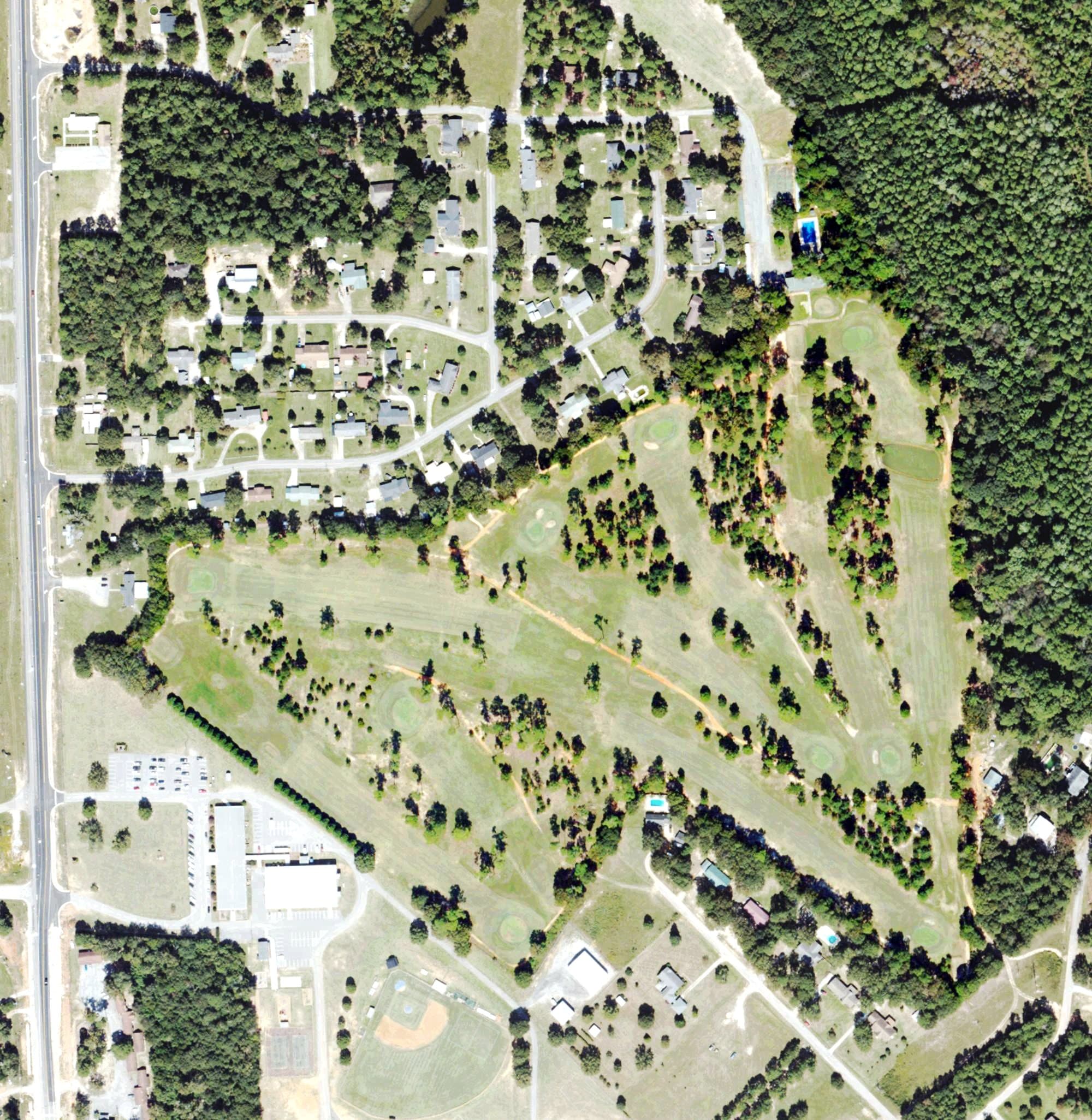 Aerial view of Louisville Golf Club, GA, with its hole routing marked