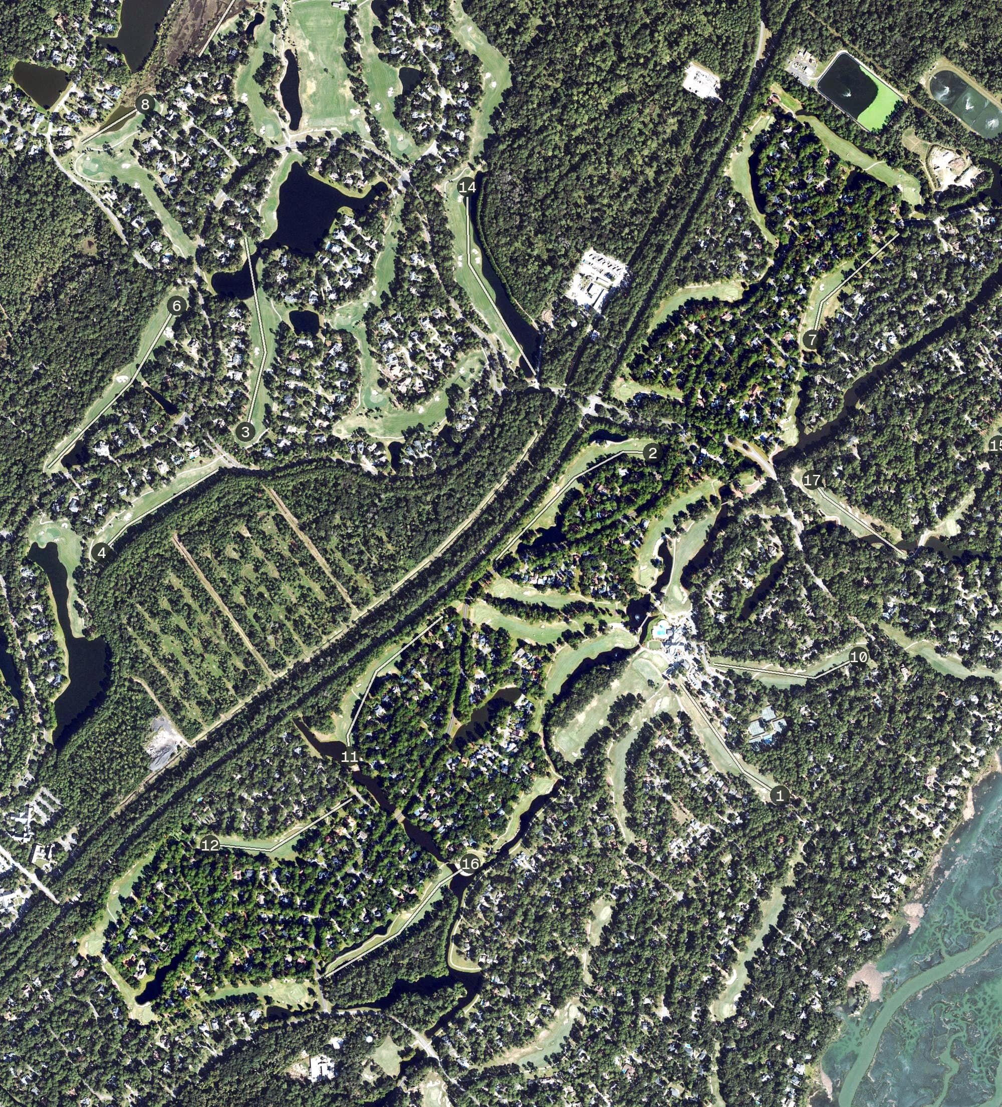 Aerial view of Magnolia, GA, with its hole routing marked
