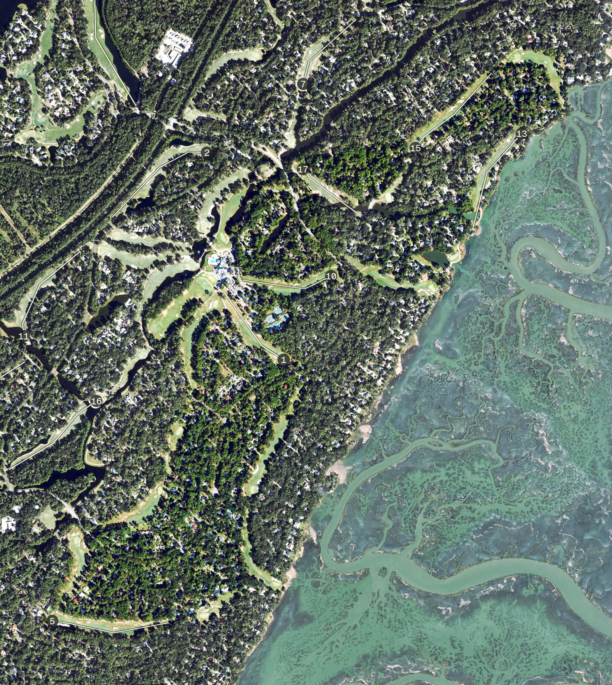 Aerial view of Marshwood, GA, with its hole routing marked