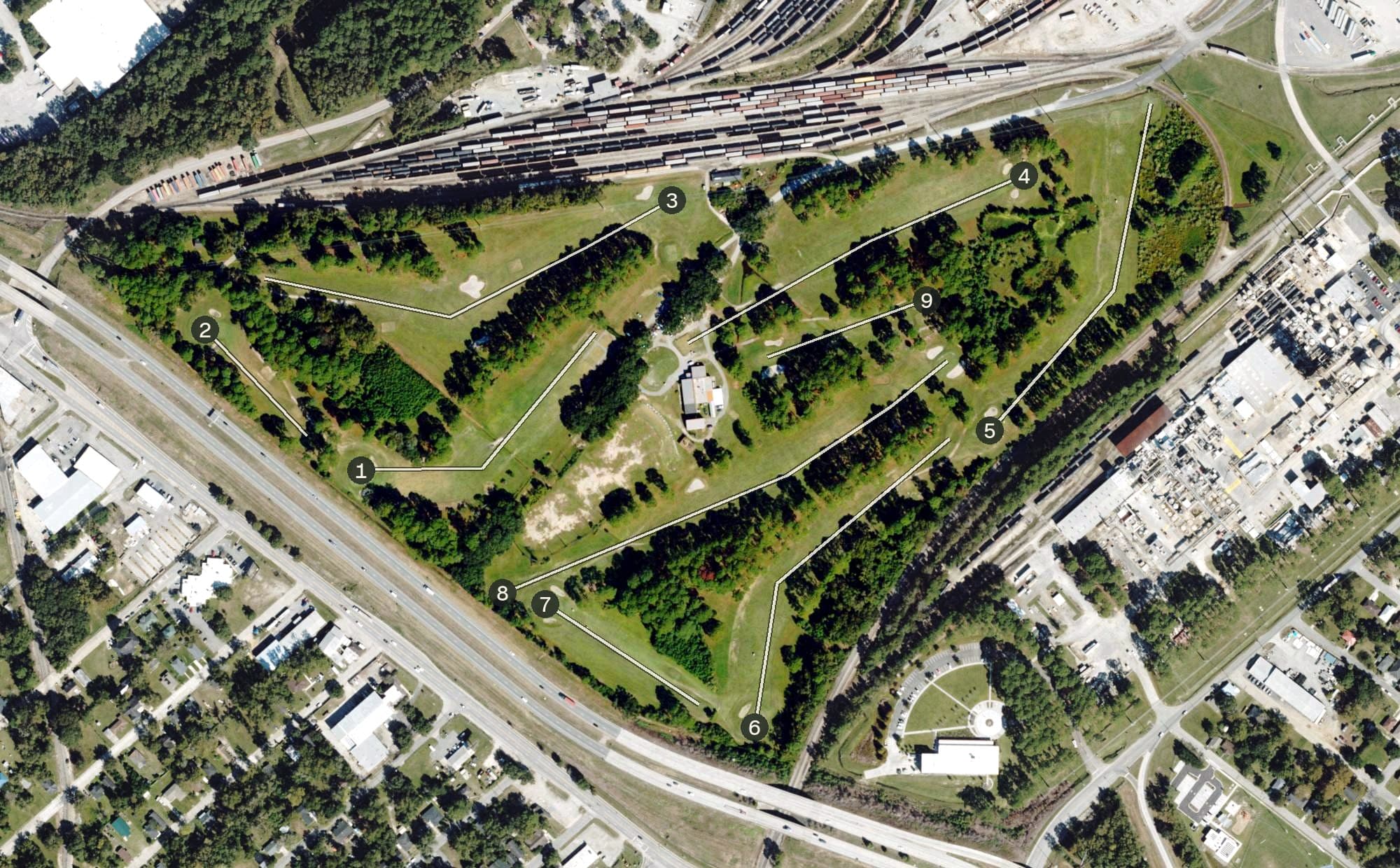Aerial view of Mary Calder Golf Club, GA, with its hole routing marked