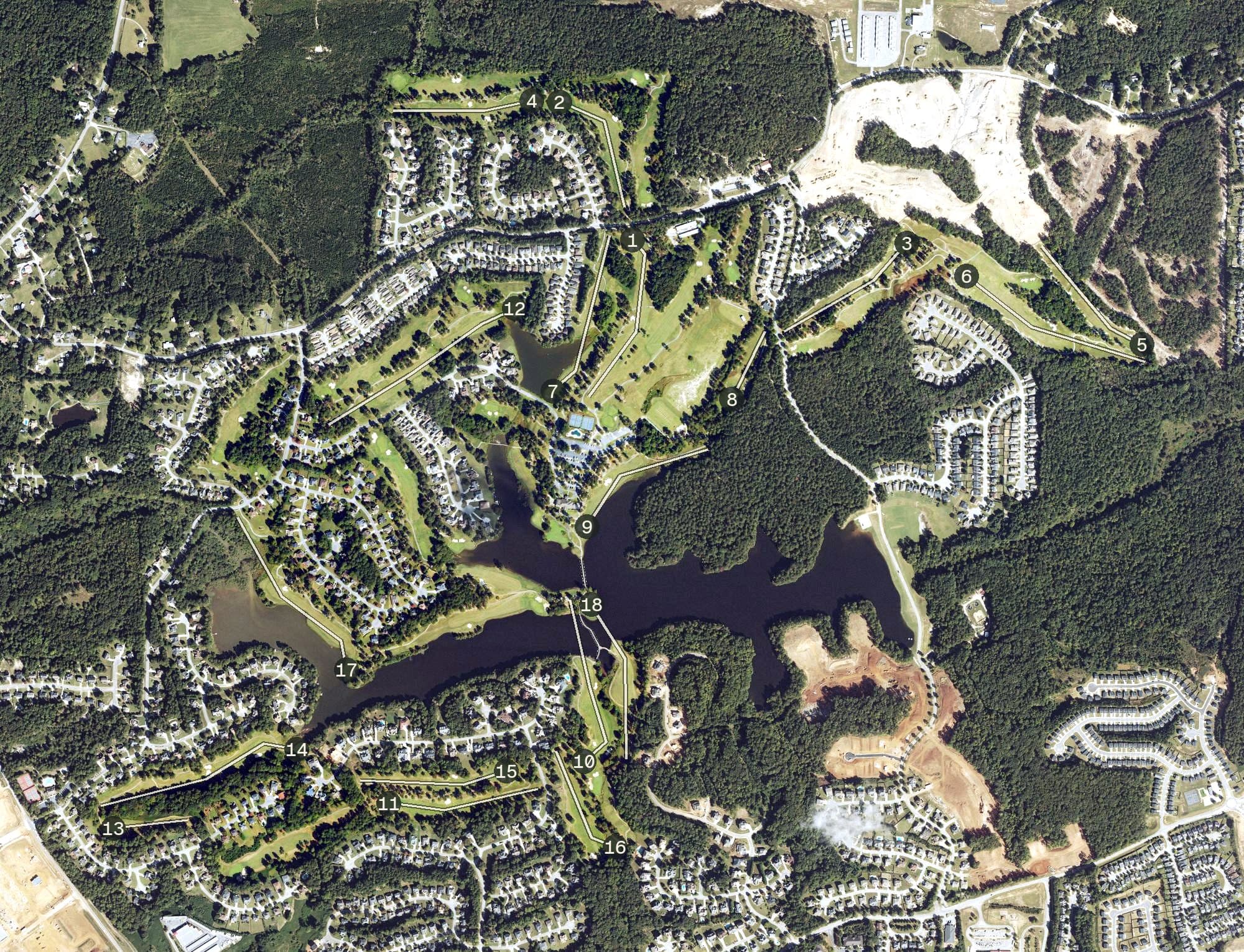 Aerial view of Mirror Lake Golf Club, GA, with its hole routing marked