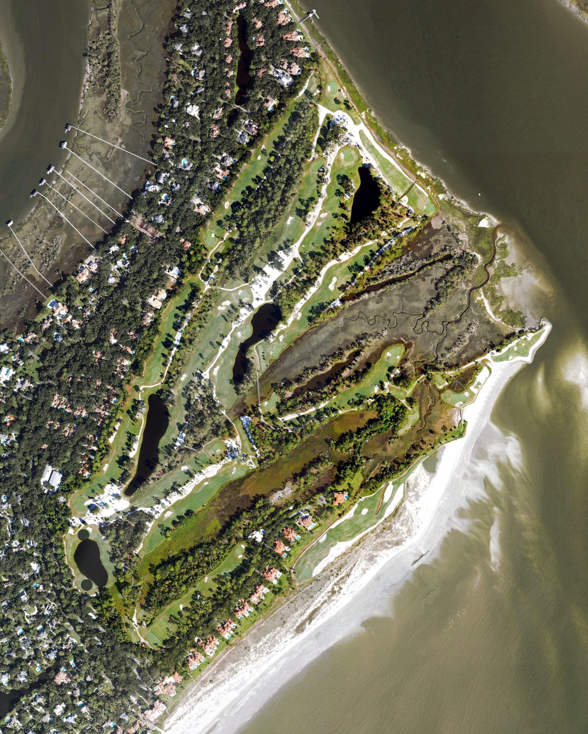 Aerial view of Ocean Forest Golf Club, GA, with its hole routing marked