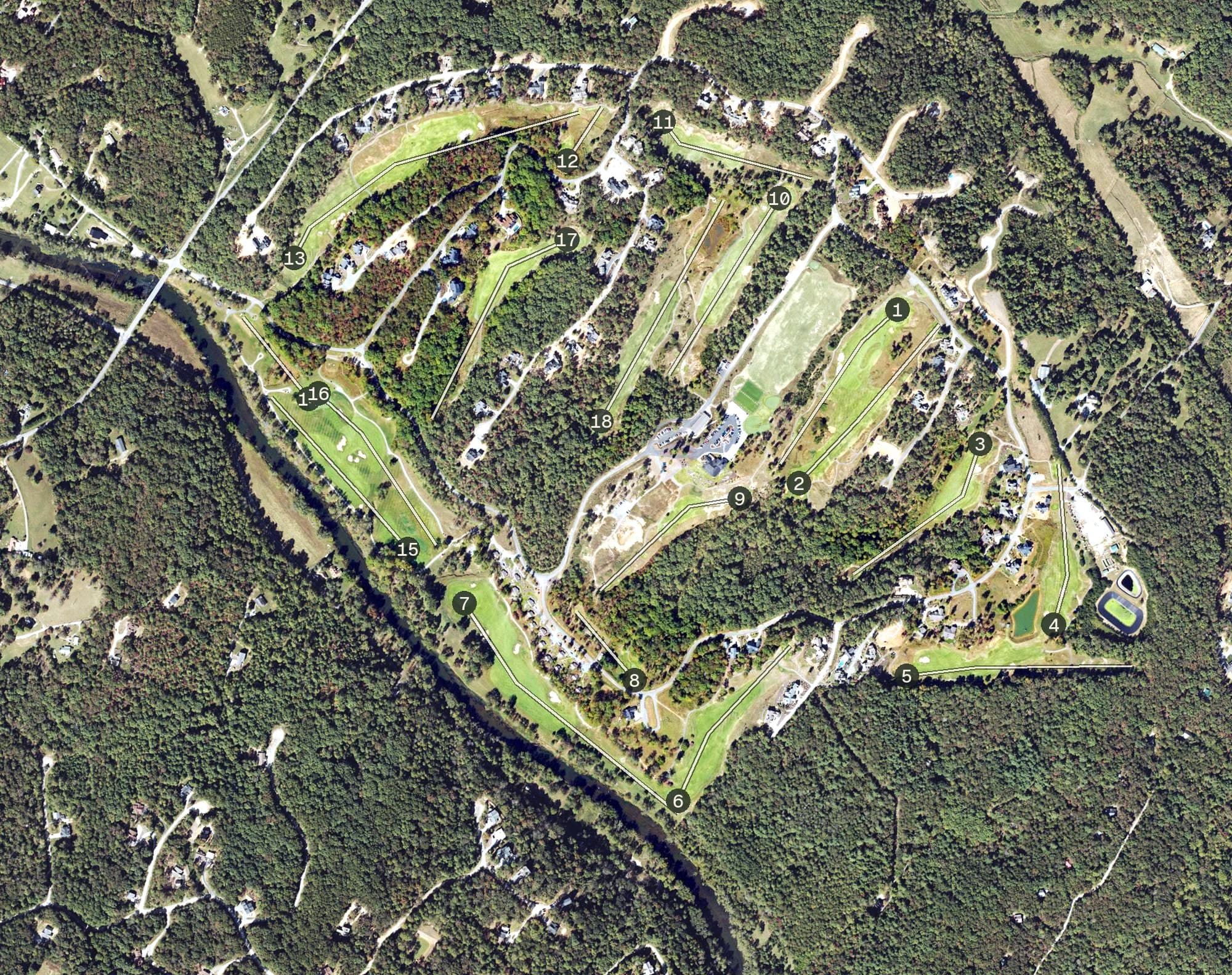 Aerial view of Old Toccoa Farm, GA, with its hole routing marked
