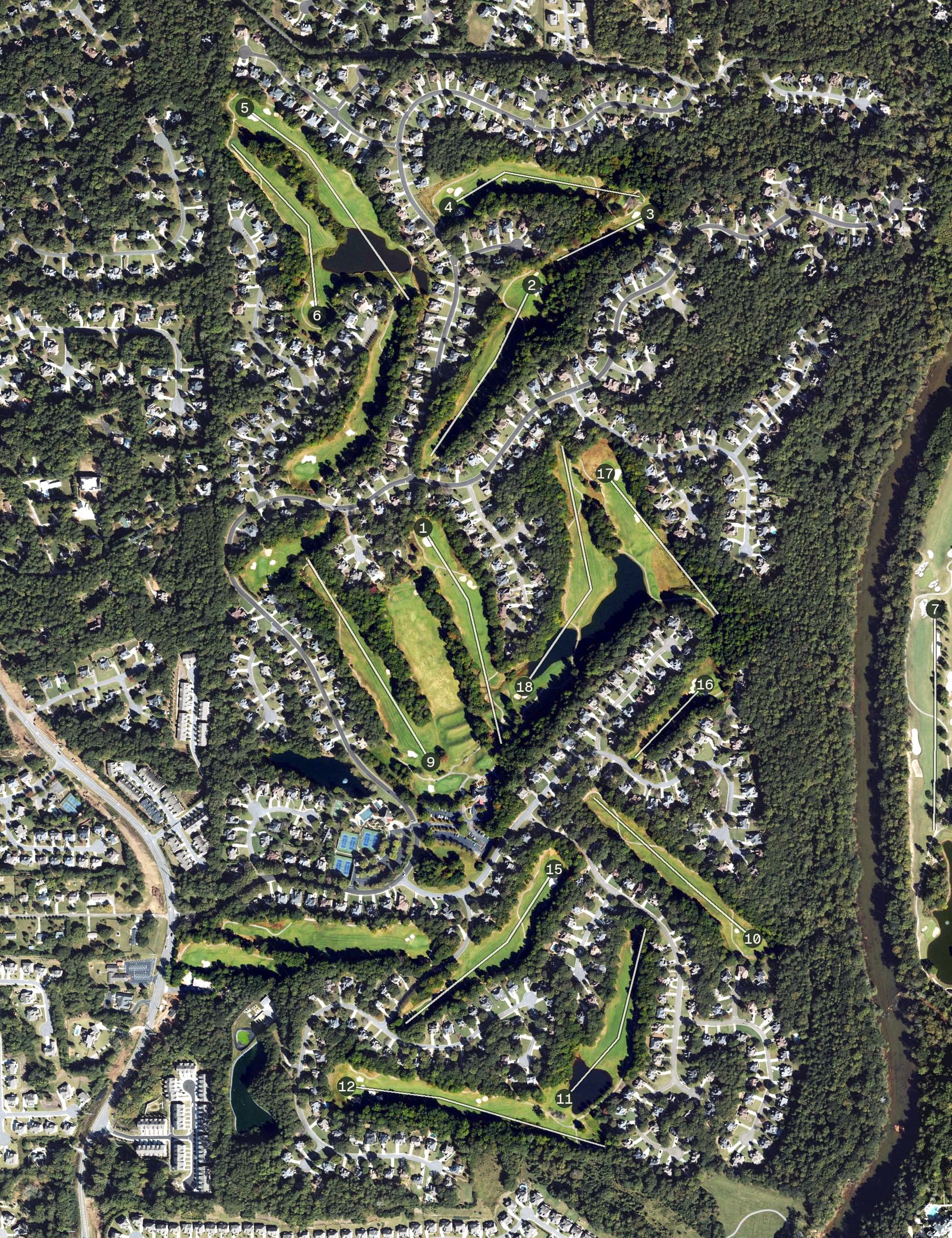 Aerial view of Olde Atlanta Golf Course, GA, with its hole routing marked
