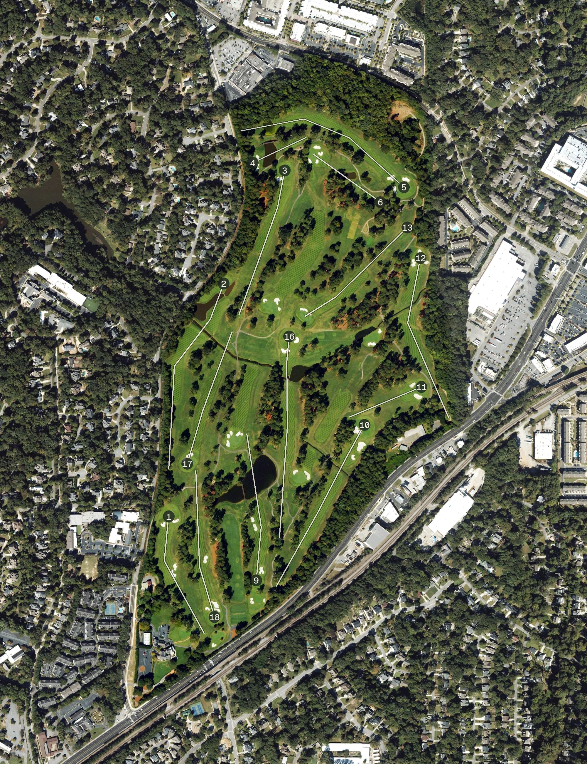 Aerial view of Peachtree Golf Club, GA, with its hole routing marked