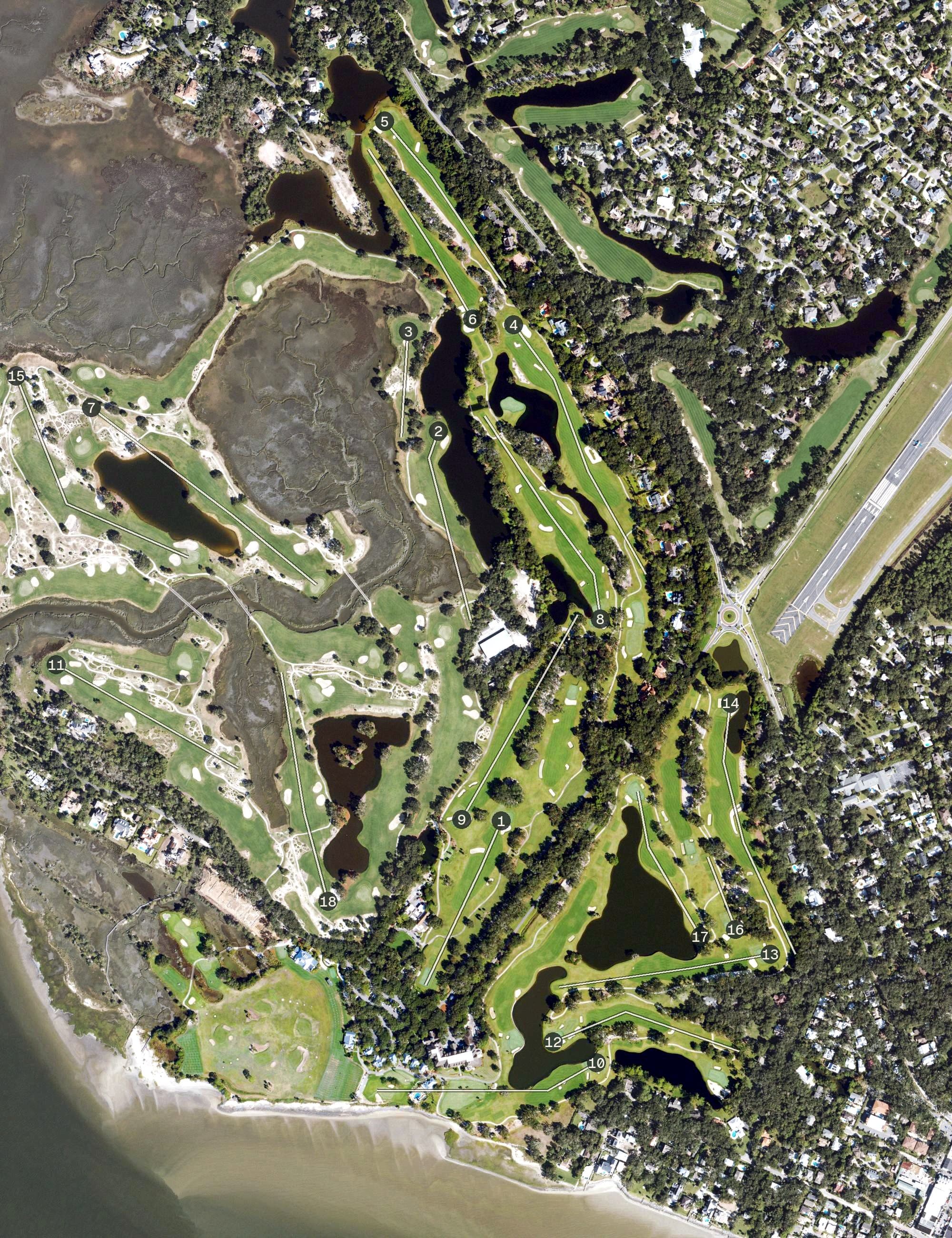 Aerial view of Plantation Course, GA, with its hole routing marked