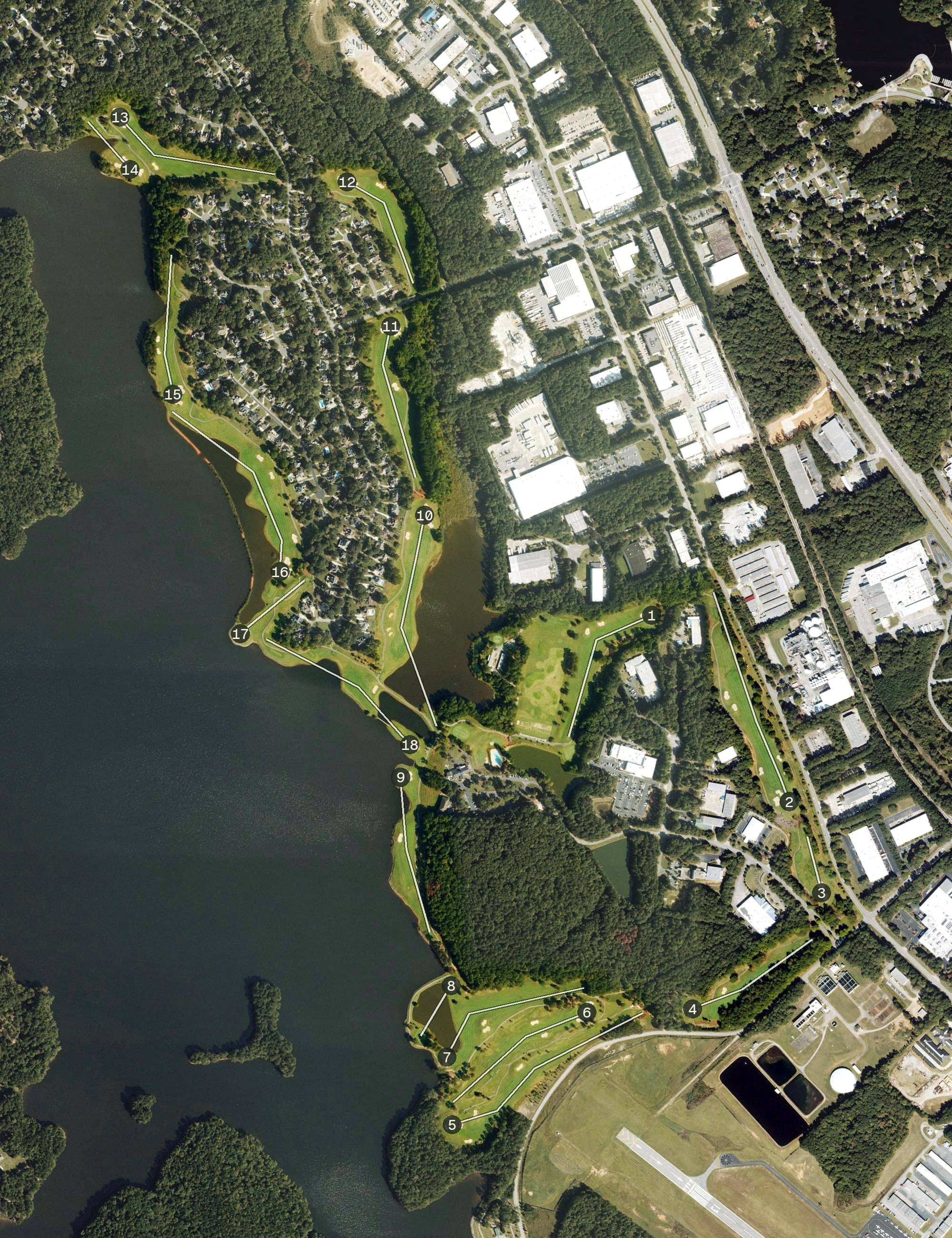 Aerial view of Planterra Club, GA, with its hole routing marked