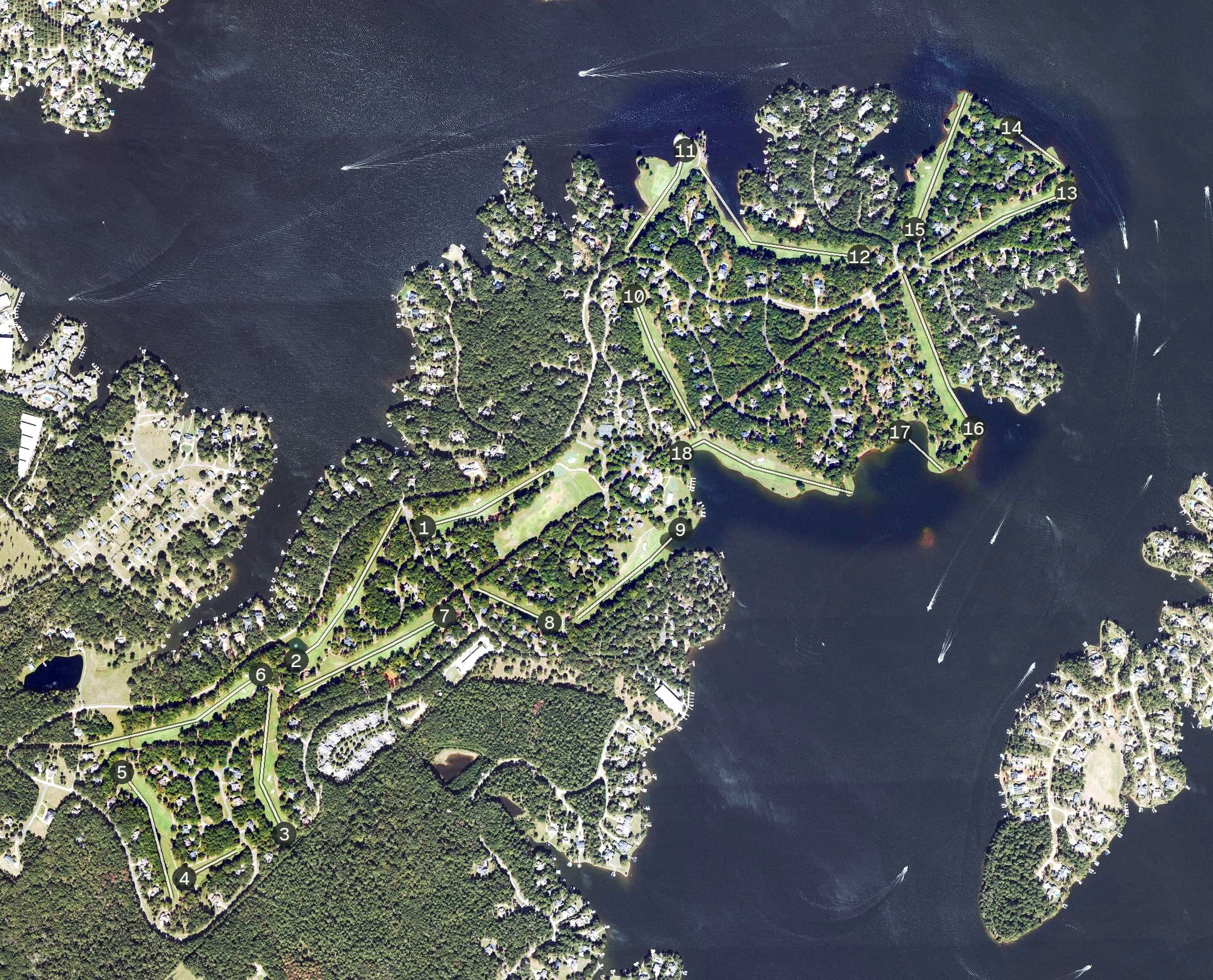 Aerial view of Reynolds Great Waters, GA, with its hole routing marked
