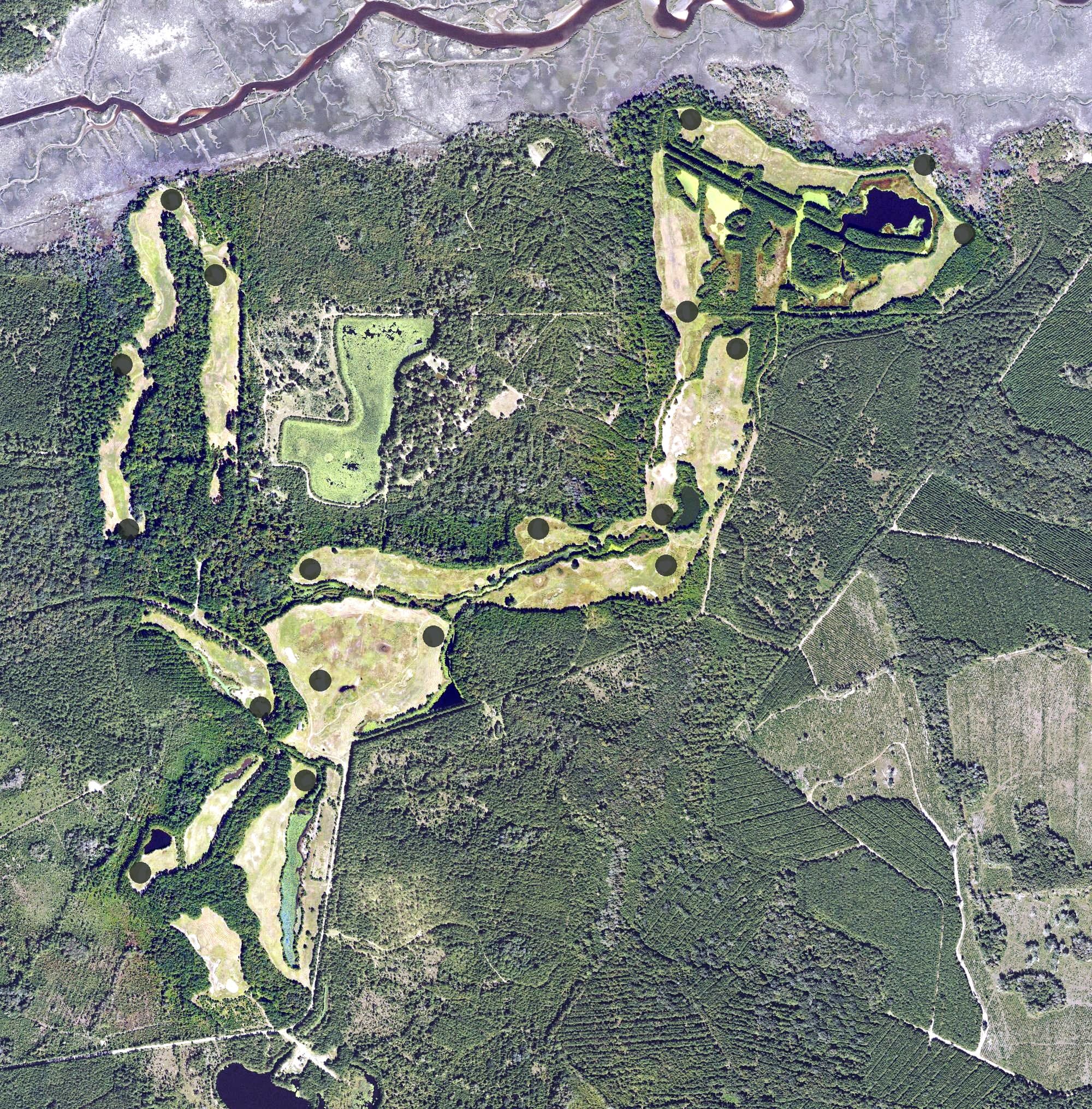 Aerial view of Ricefields Golf Club, GA, with its hole routing marked