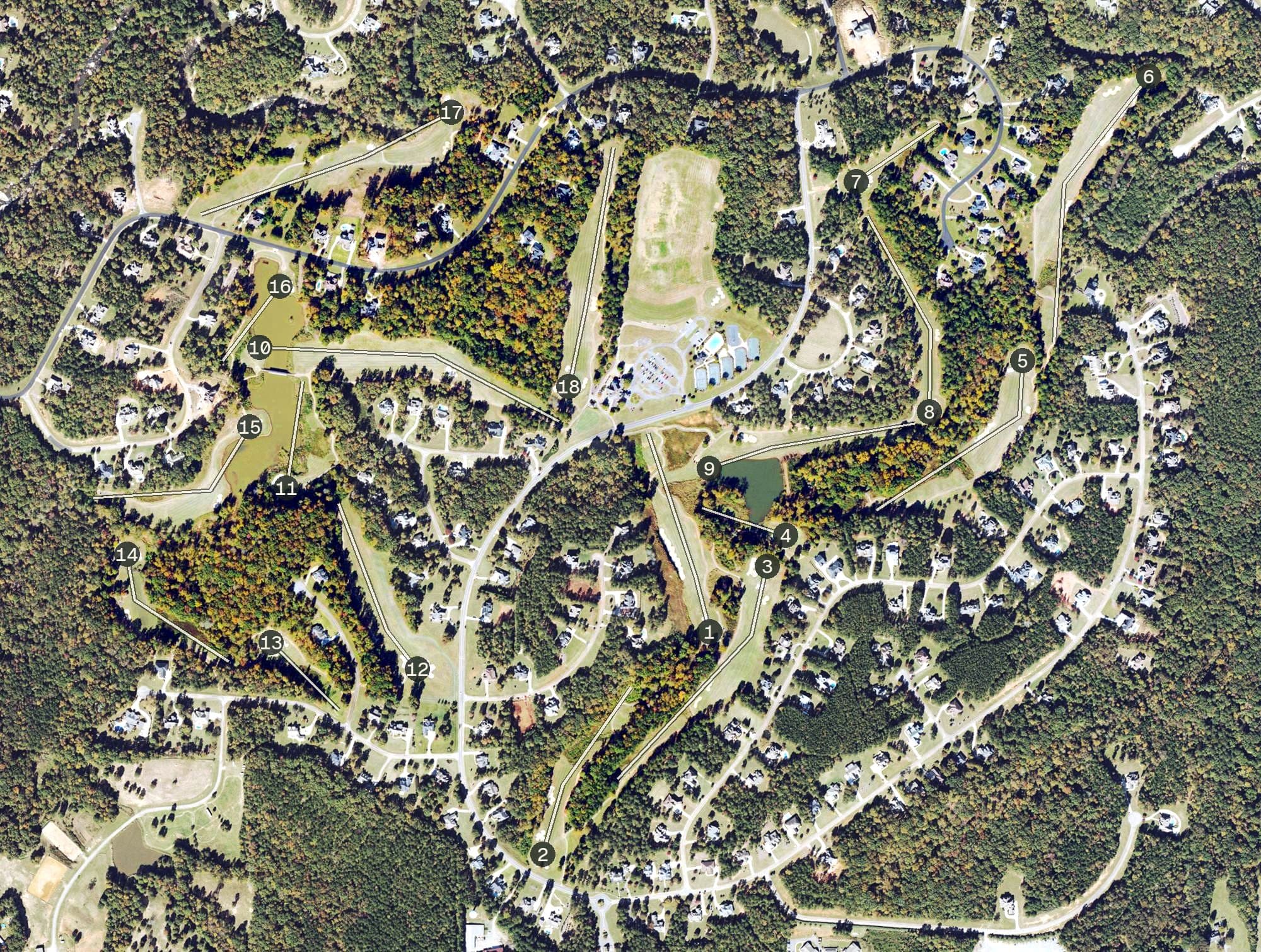 Aerial view of River Forest Golf Club, GA, with its hole routing marked