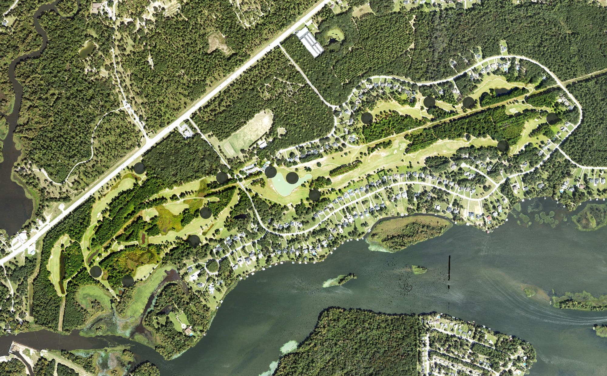Aerial view of River Pointe Golf Club, GA, with its hole routing marked