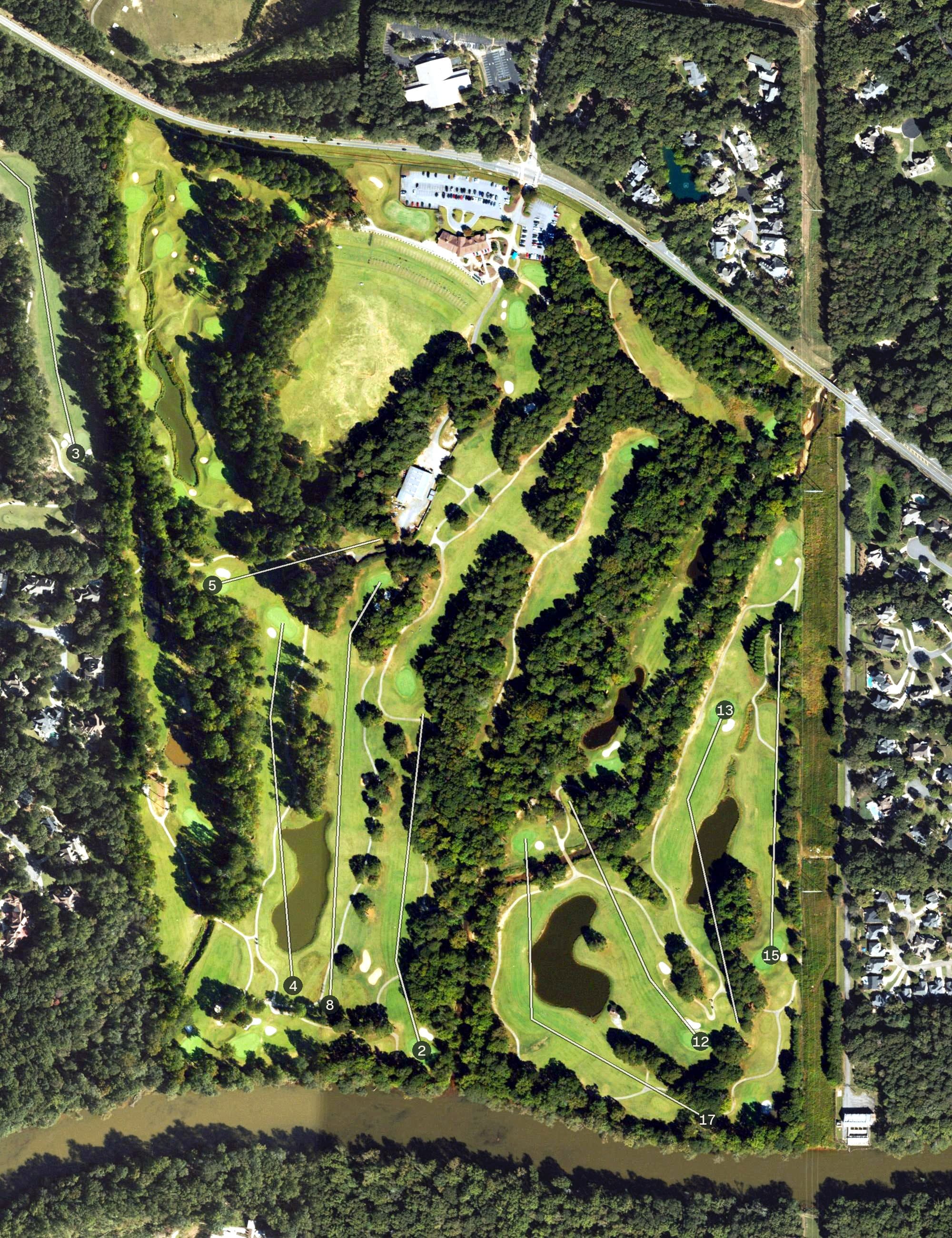 Aerial view of RiverPines Golf, GA, with its hole routing marked