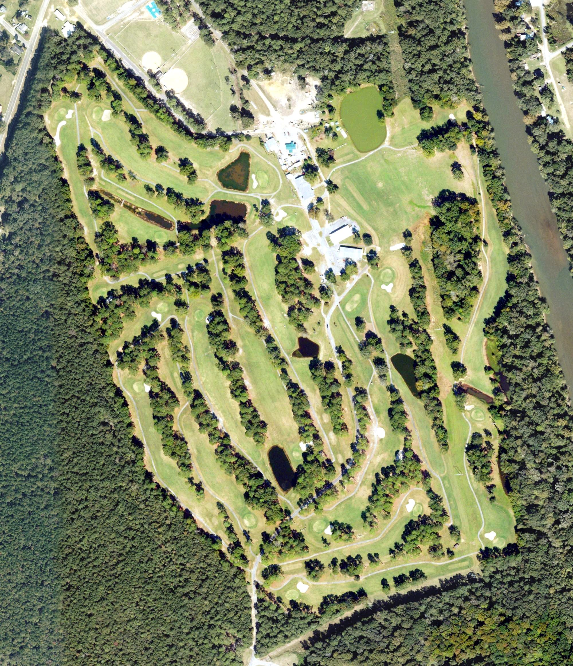 Aerial view of Riverview Golf Course, GA, with its hole routing marked