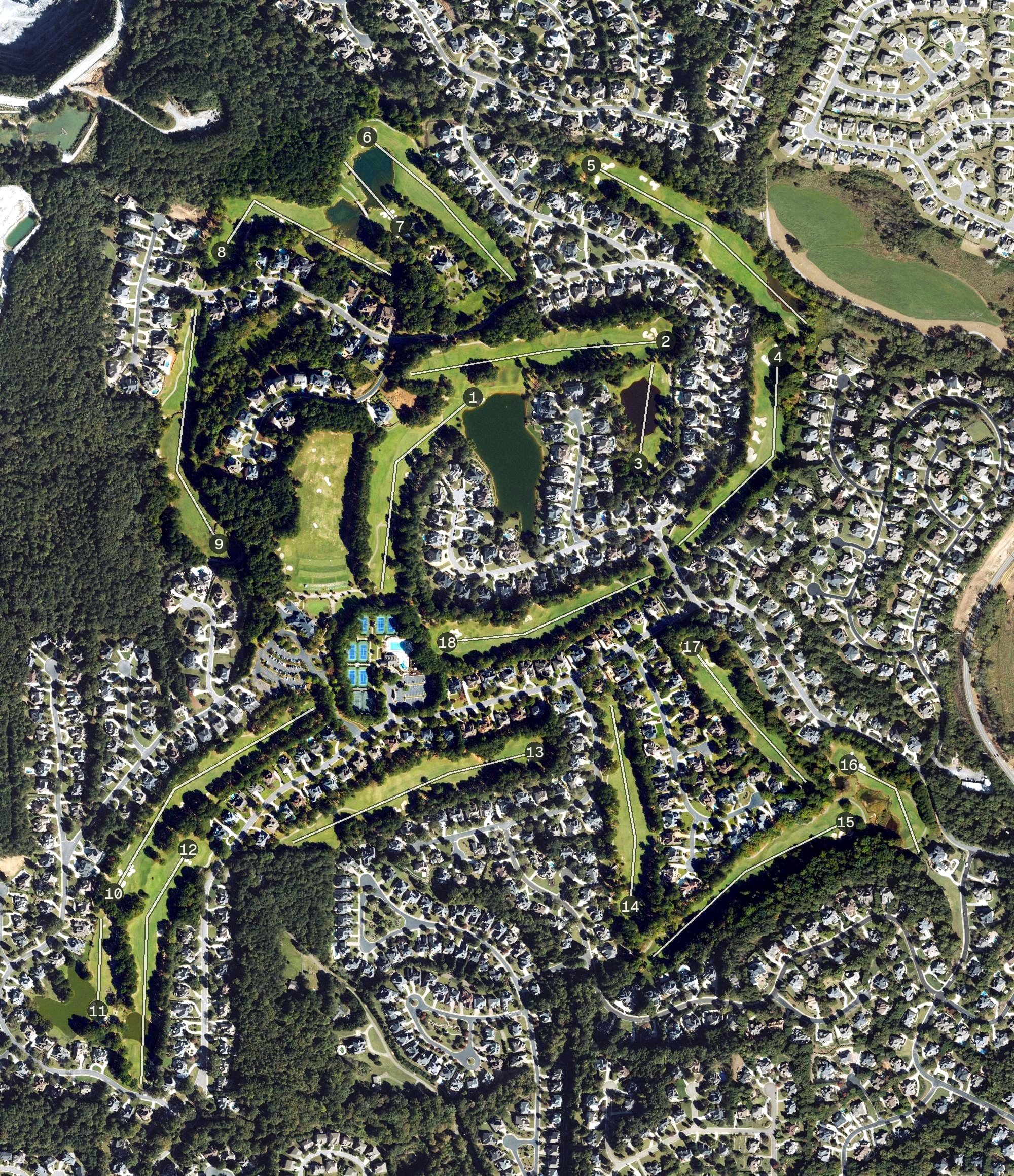 Aerial view of Saint Marlo Country Club Golf Course, GA, with its hole routing marked