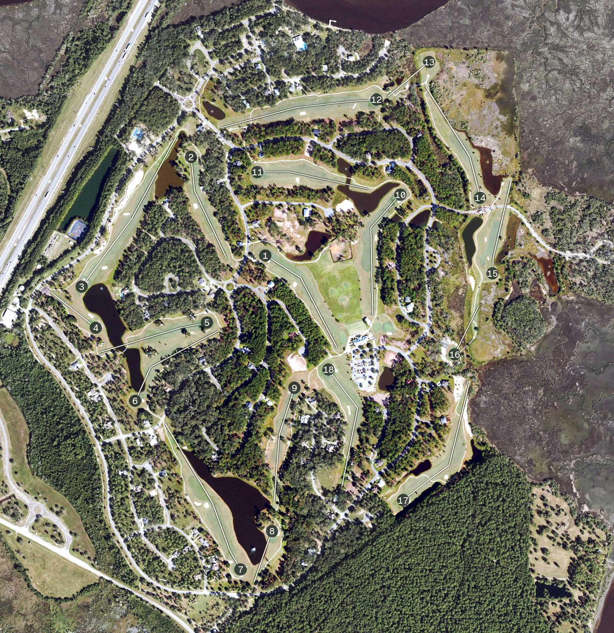 Aerial view of Sanctuary Golf Club, GA, with its hole routing marked