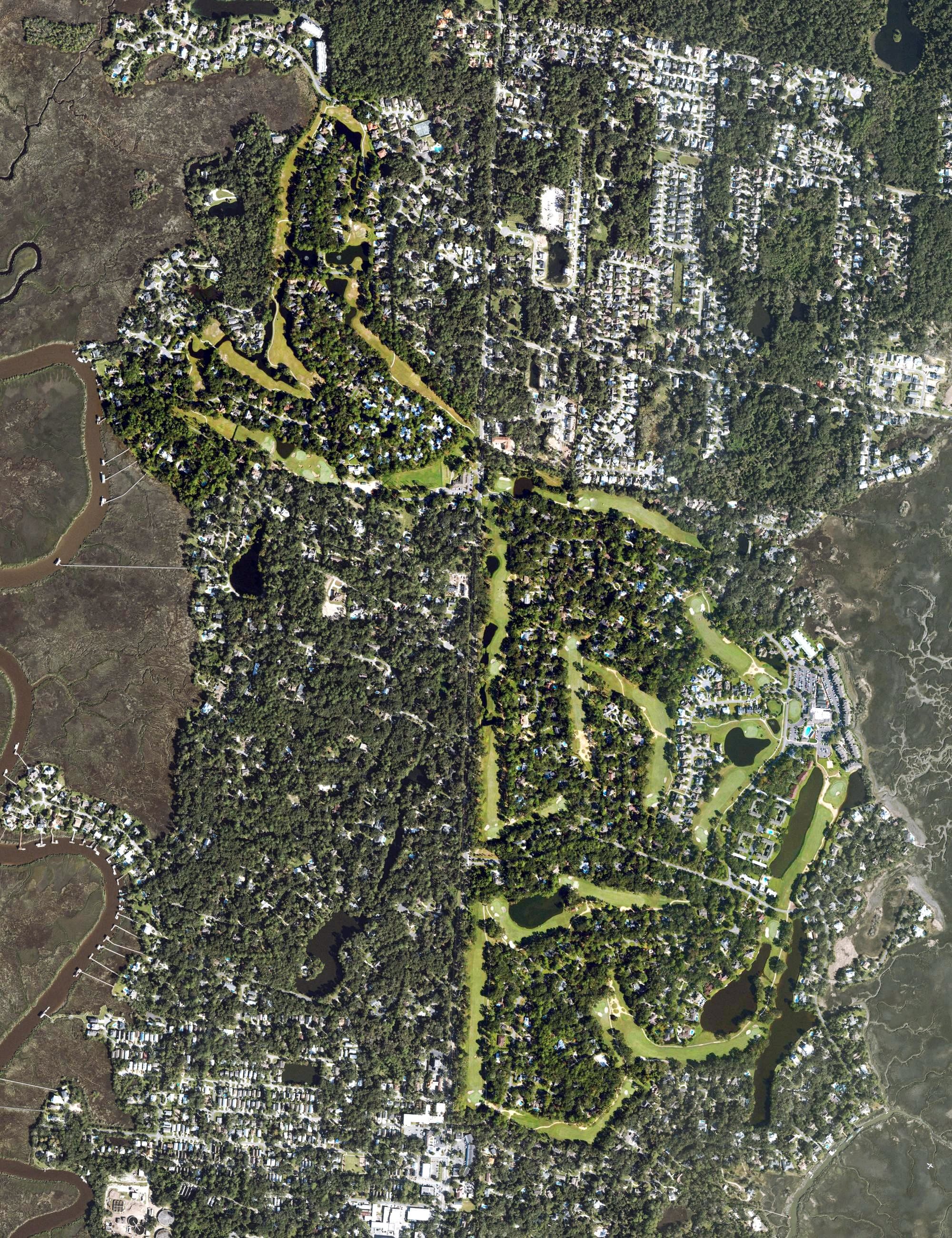 Aerial view of Sea Palms Golf Club, GA, with its hole routing marked