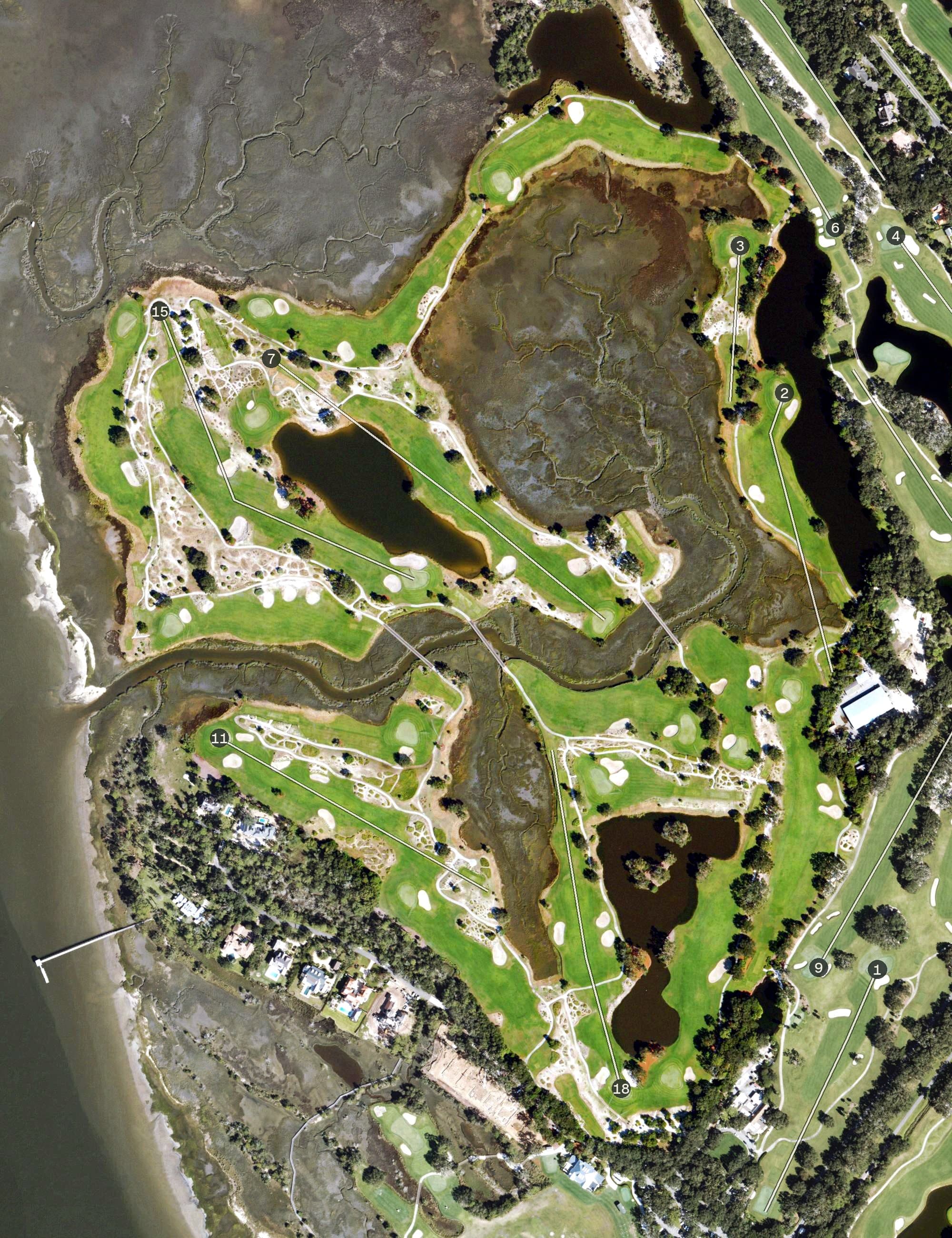 Aerial view of Seaside Course, GA, with its hole routing marked