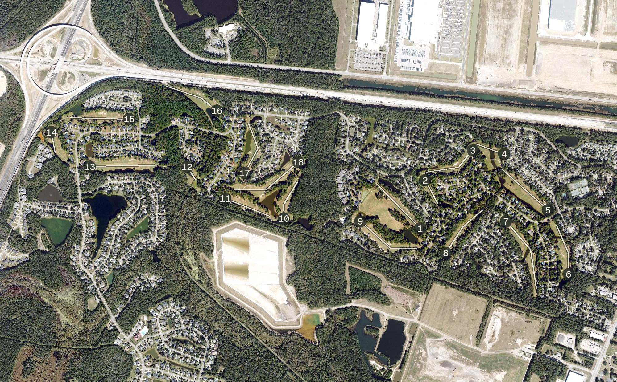 Aerial view of Southbridge Golf Club, GA, with its hole routing marked