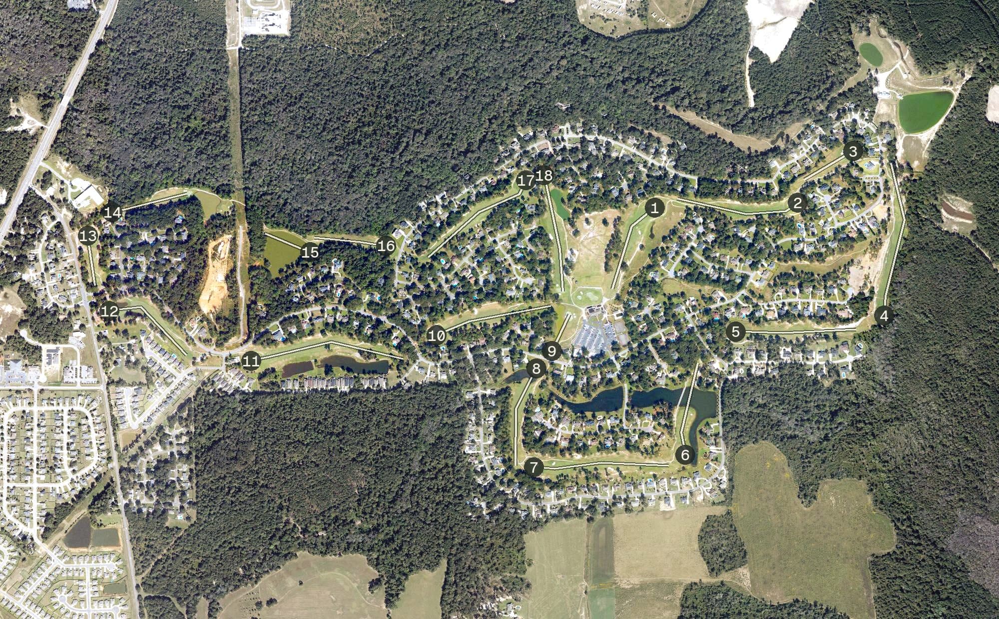 Aerial view of Southern Landings, GA, with its hole routing marked