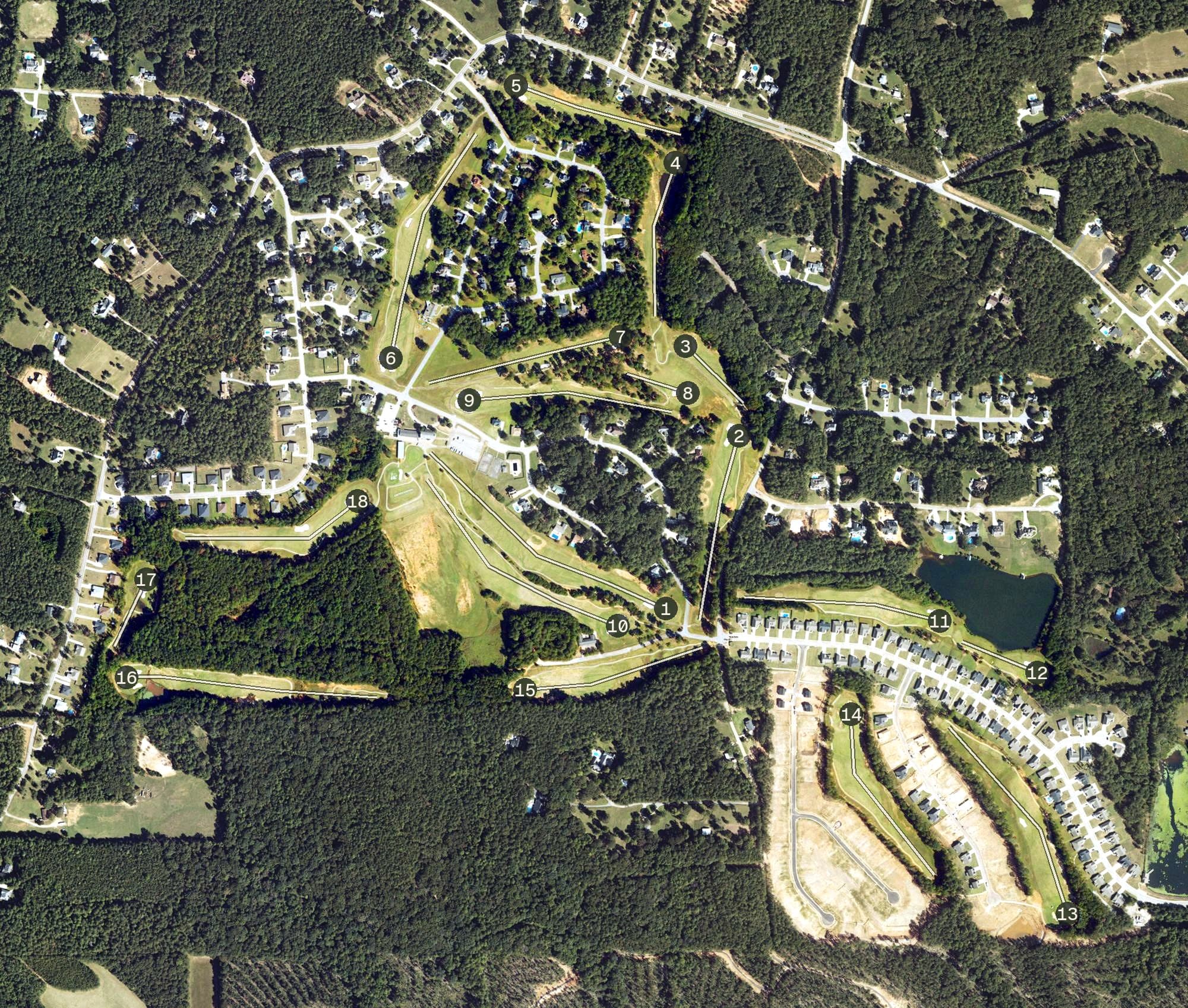 Aerial view of St. Andrews Golf Club, GA, with its hole routing marked