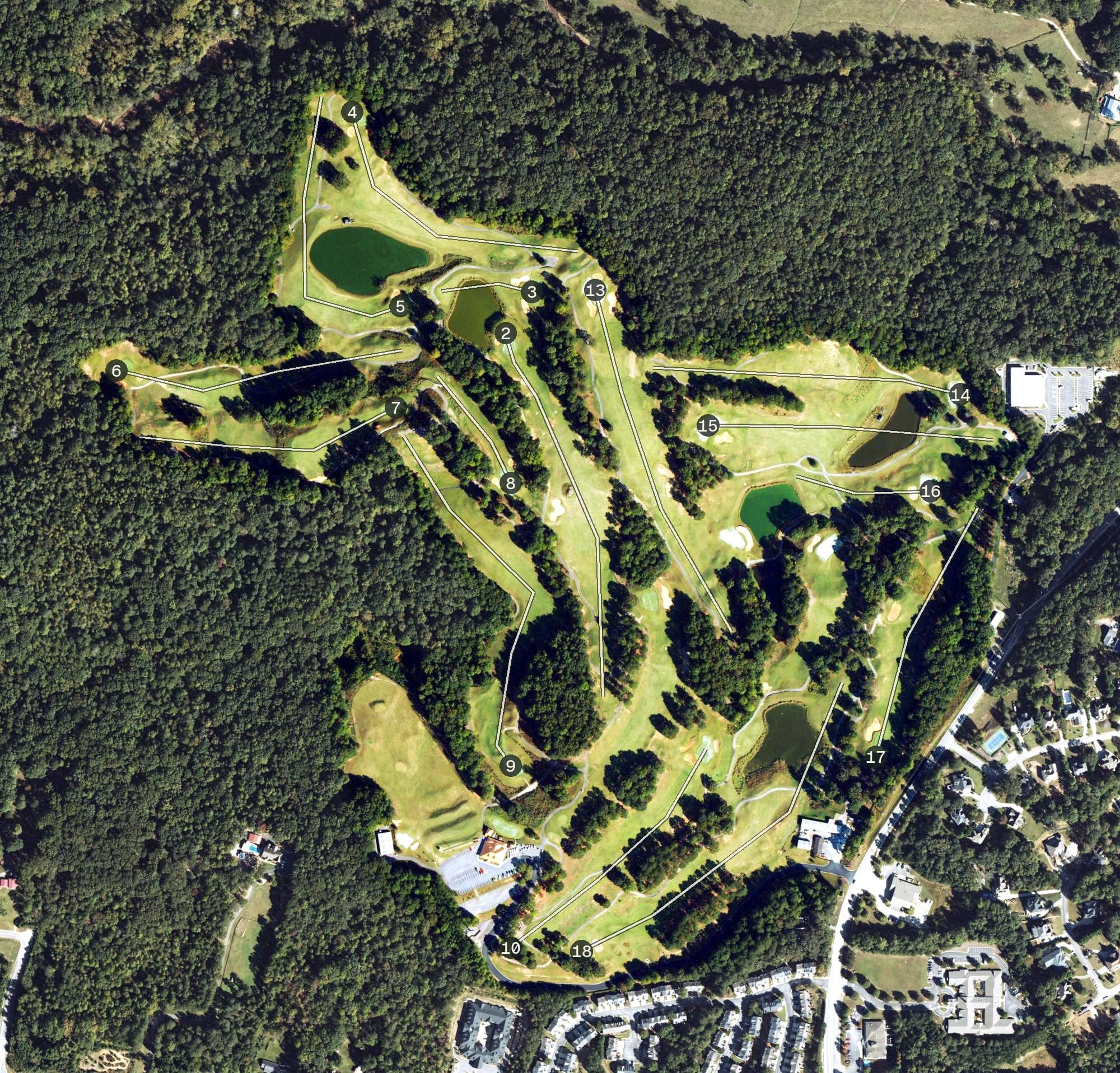 Aerial view of Sugar Hill Golf Club, GA, with its hole routing marked