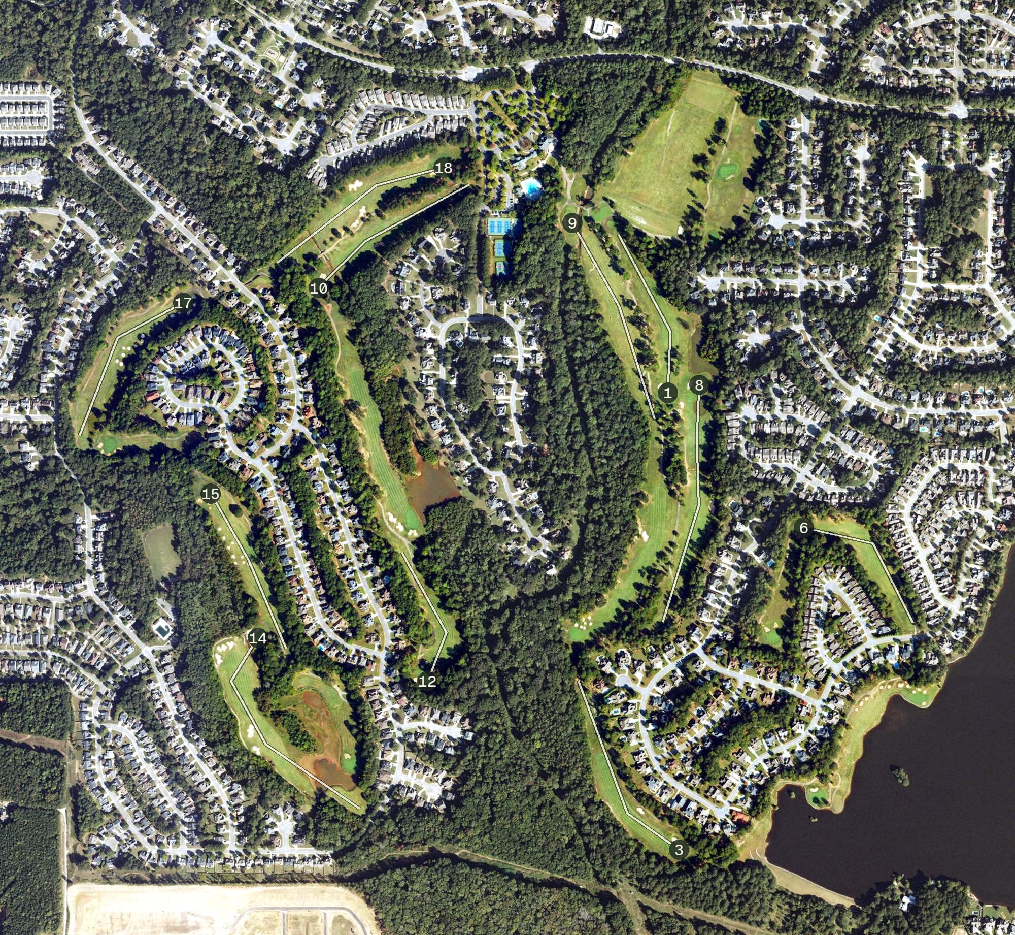 Aerial view of Summer Grove Golf Club, GA, with its hole routing marked