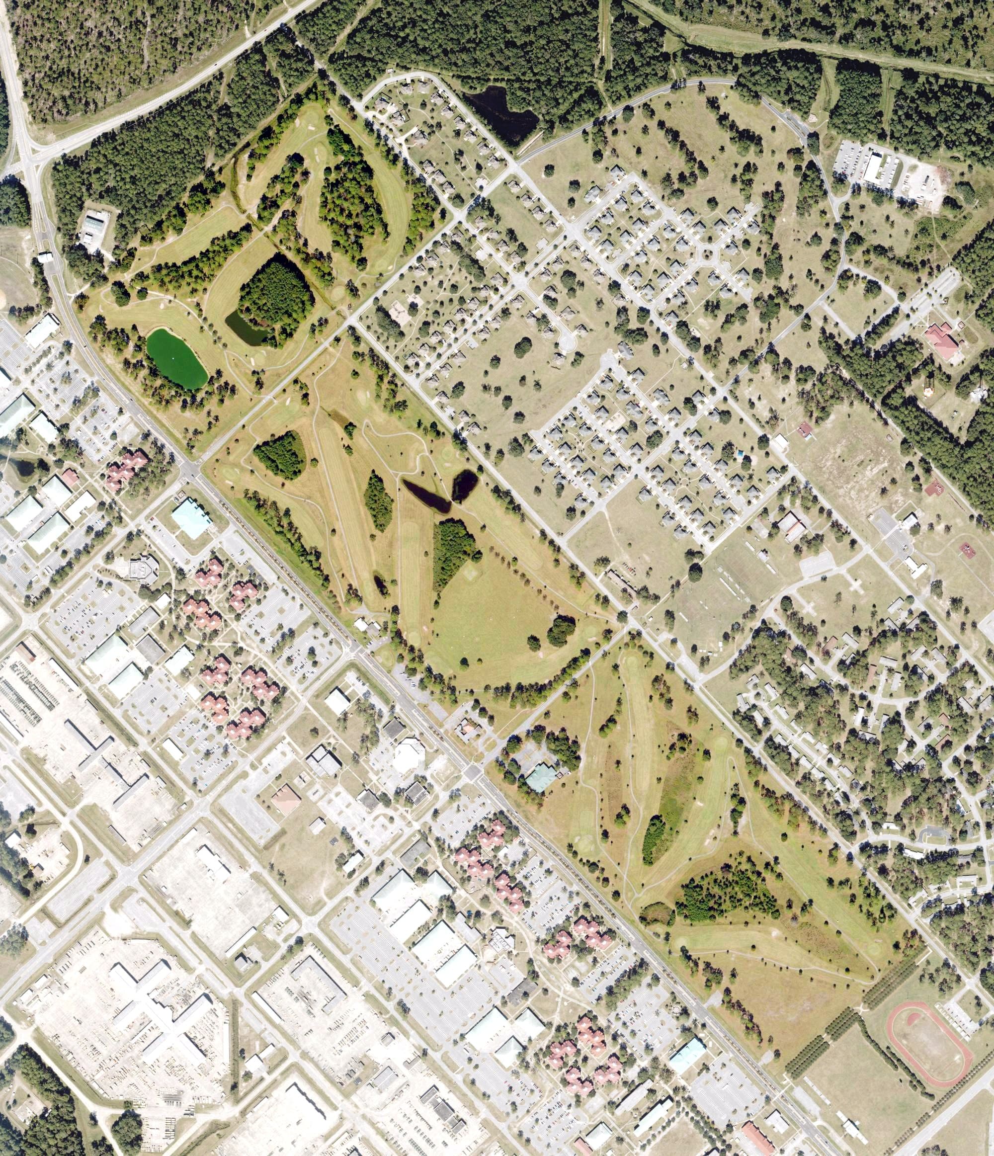 Aerial view of Taylors Creek Golf Course, GA, with its hole routing marked