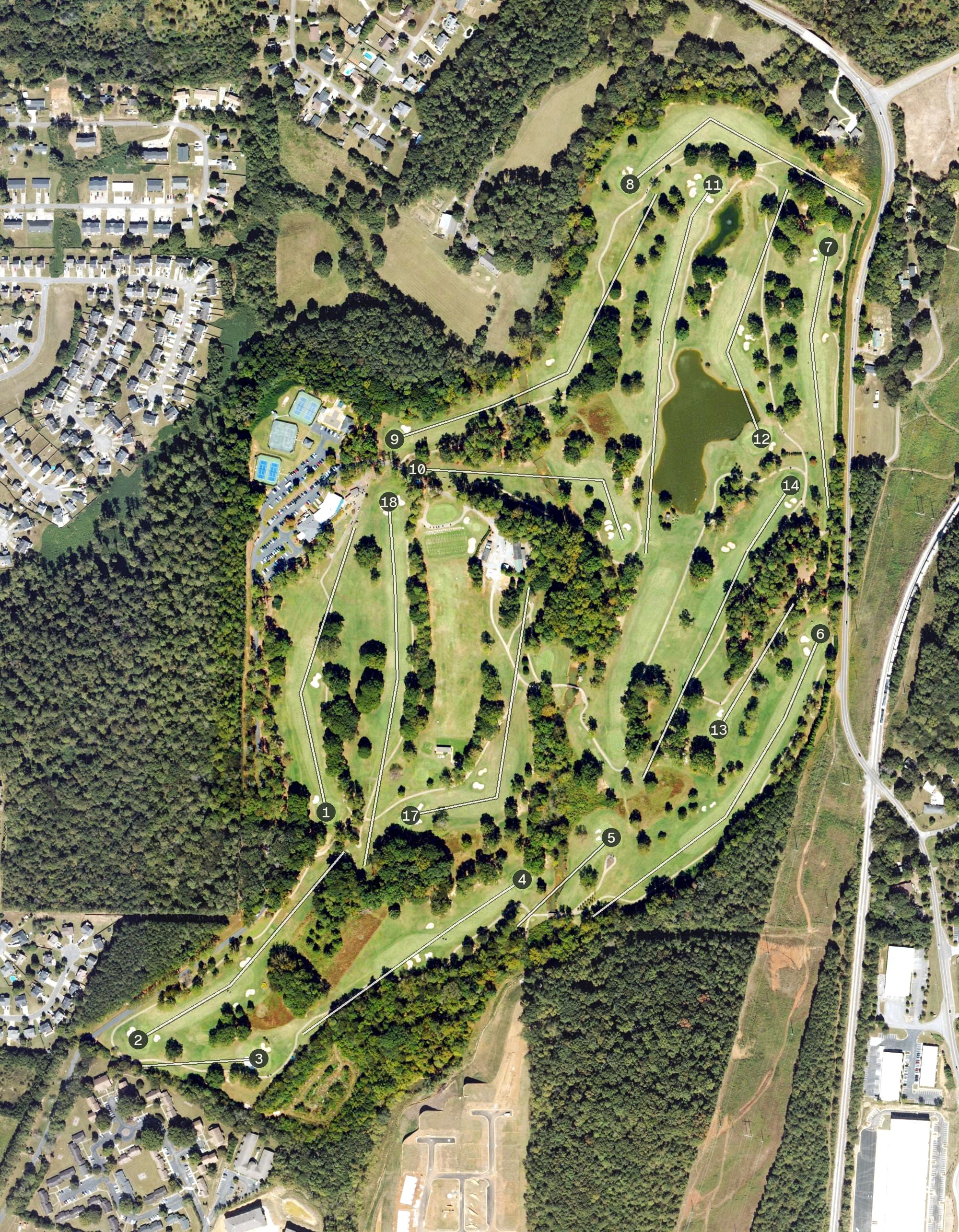 Aerial view of The Cartersville Country Club, GA, with its hole routing marked