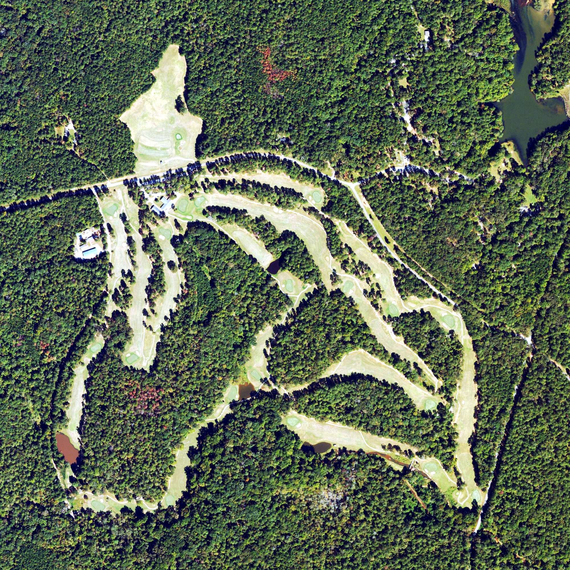 Aerial view of The Creek Golf Course at Hard Labor, GA, with its hole routing marked