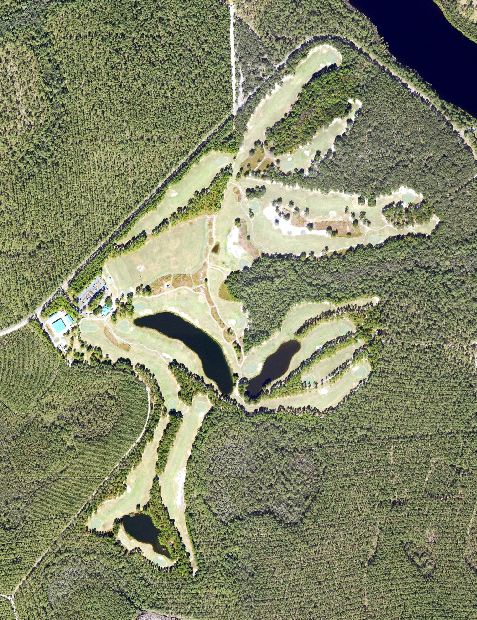 Aerial view of The Lakes Golf Couse at Laura S. Walker, GA, with its hole routing marked