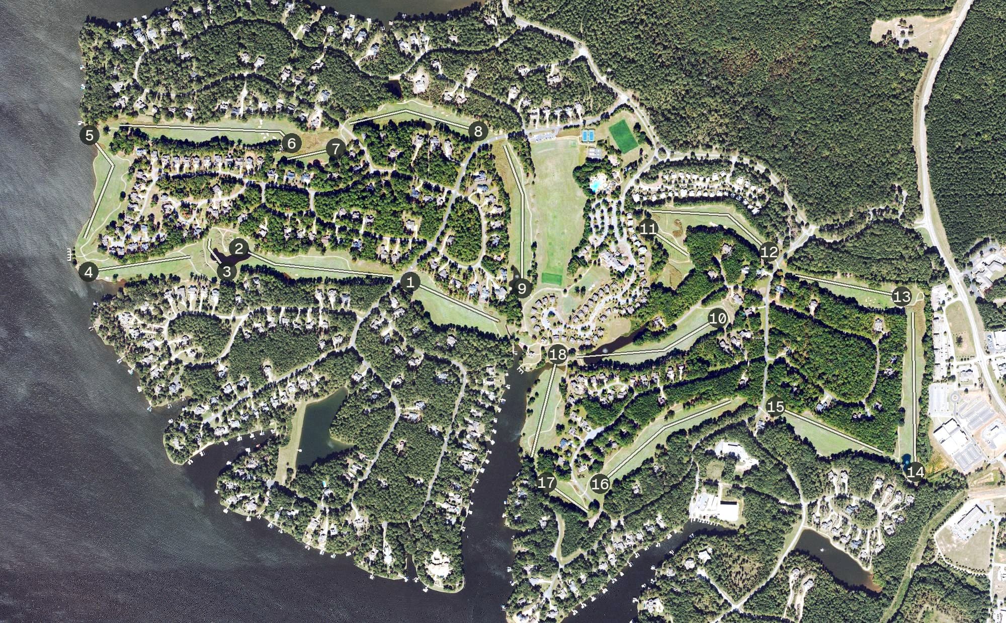Aerial view of The Landing, GA, with its hole routing marked