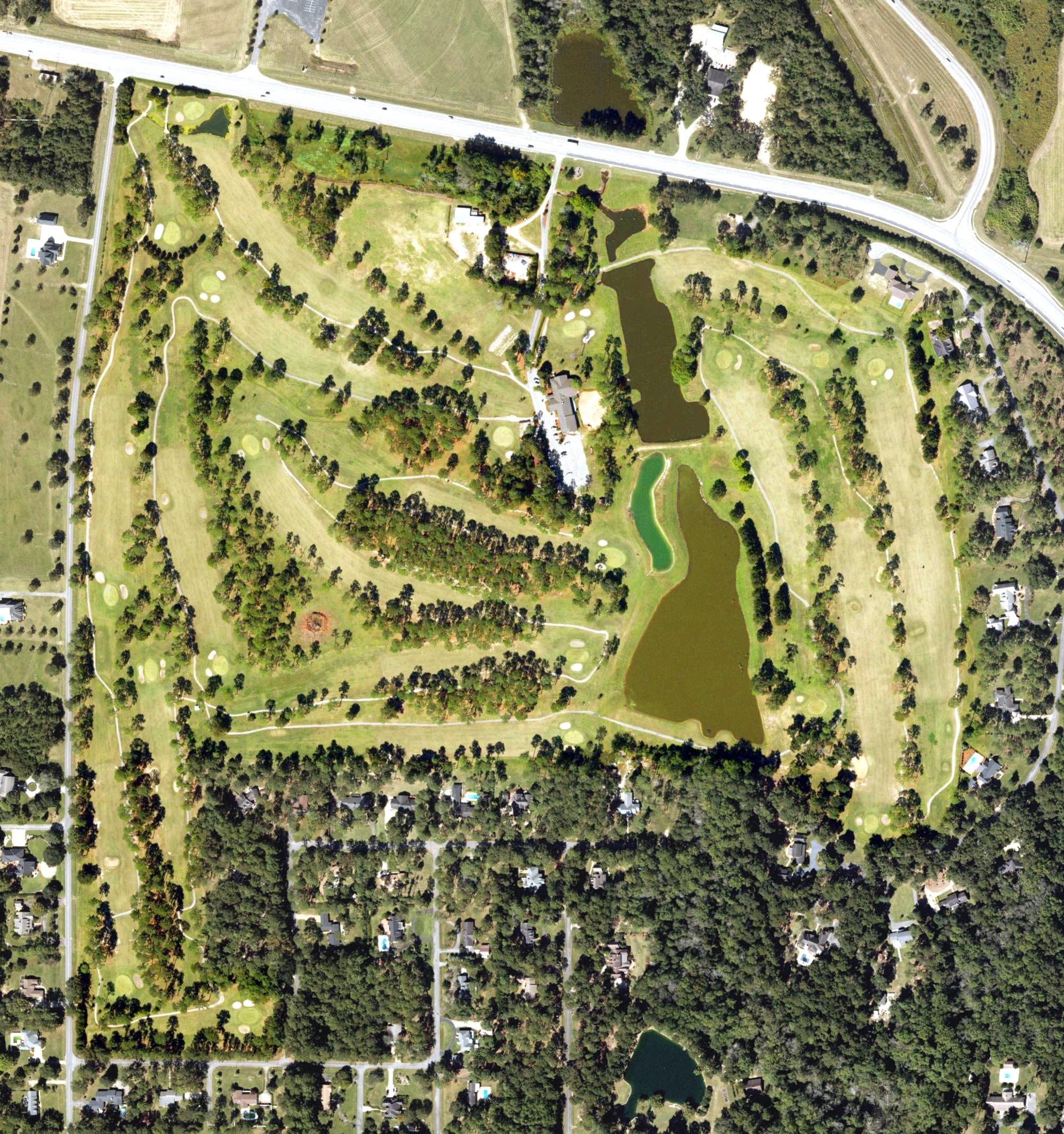 Aerial view of Tired Creek Country Club, GA, with its hole routing marked