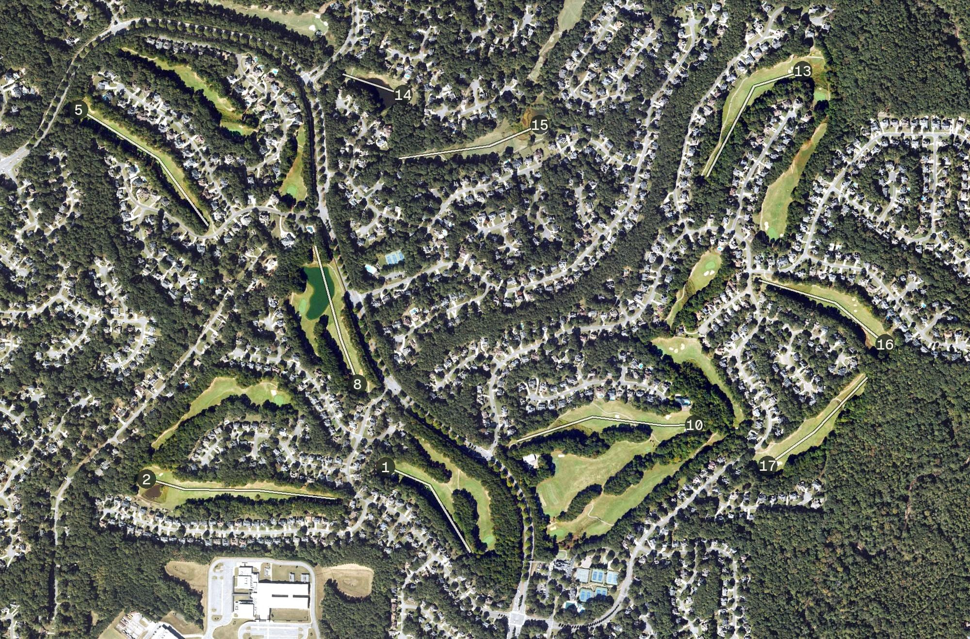 Aerial view of Towne Lake Hills Golf Club, GA, with its hole routing marked