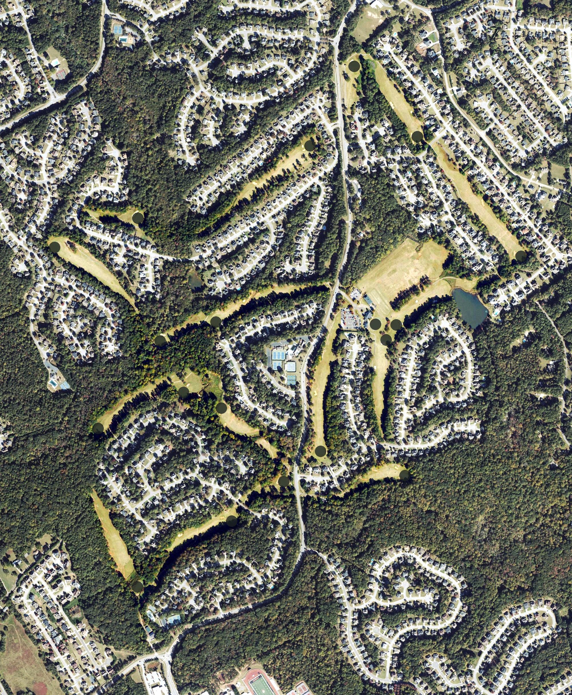 Aerial view of Trophy Club of Apalachee, GA, with its hole routing marked