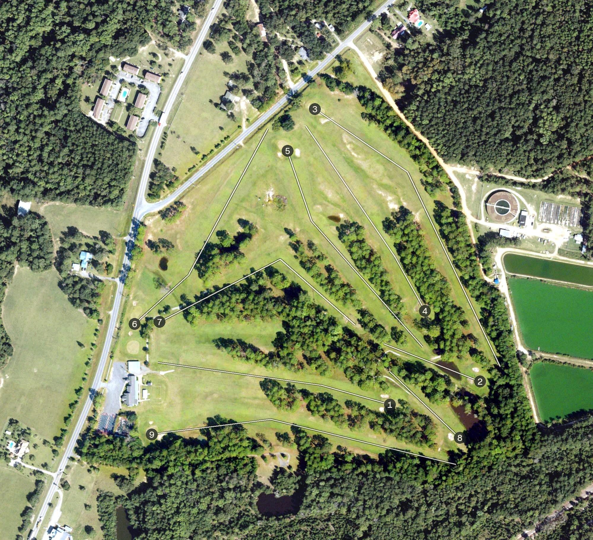 Aerial view of Twisted Pine Golf Course, GA, with its hole routing marked
