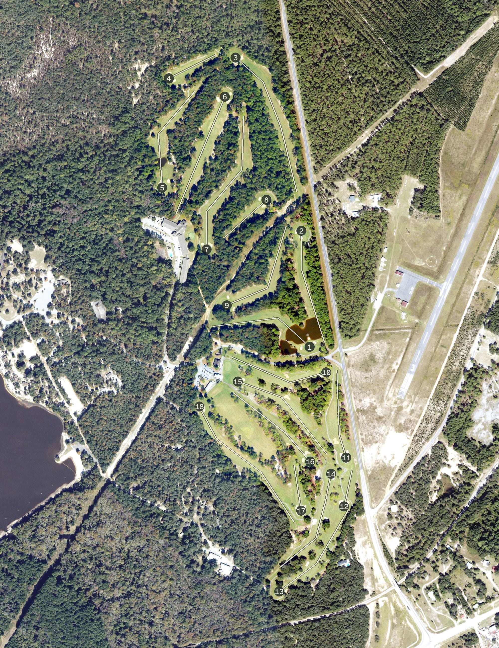 Aerial view of Wallace Adams Golf Course, GA, with its hole routing marked